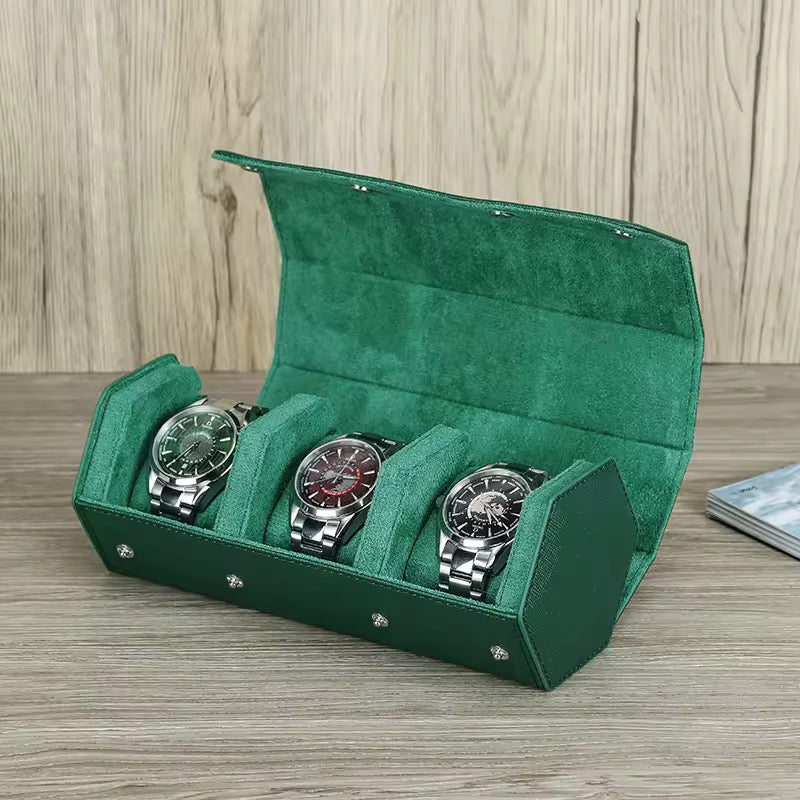 Genuine Leather 3-Slot Watch Roll
