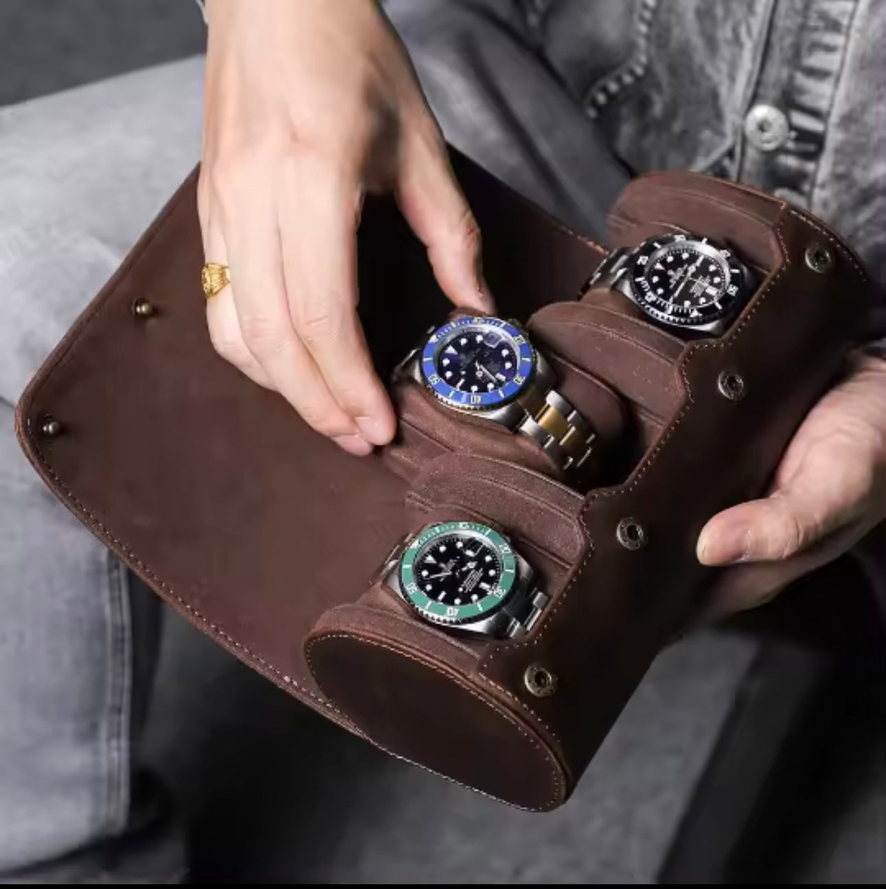 Genuine Leather 3-Slot Watch Roll