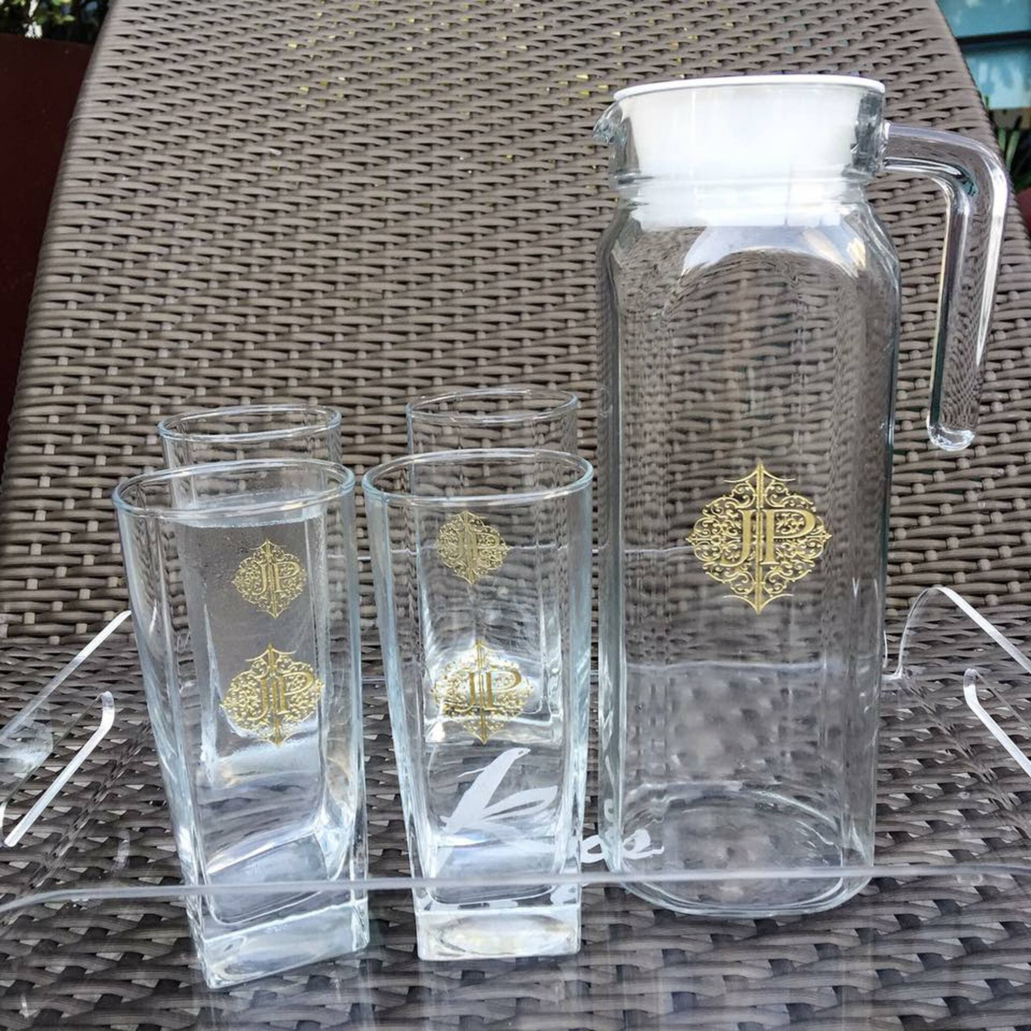 5pc Pitcher and Glass Set with Black Leather Flip Top Lid Box