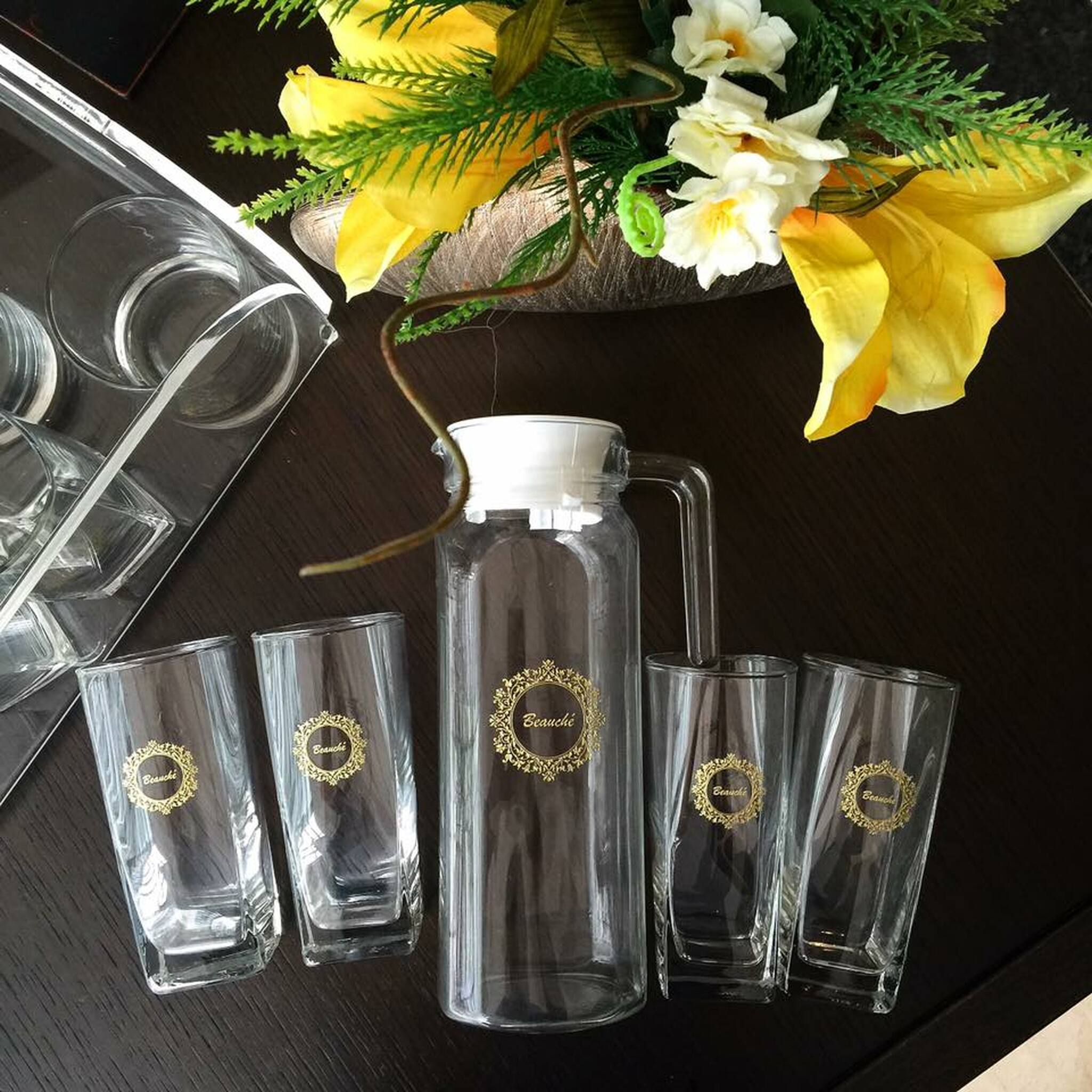 5pc Pitcher and Glass Set with Black Leather Flip Top Lid Box