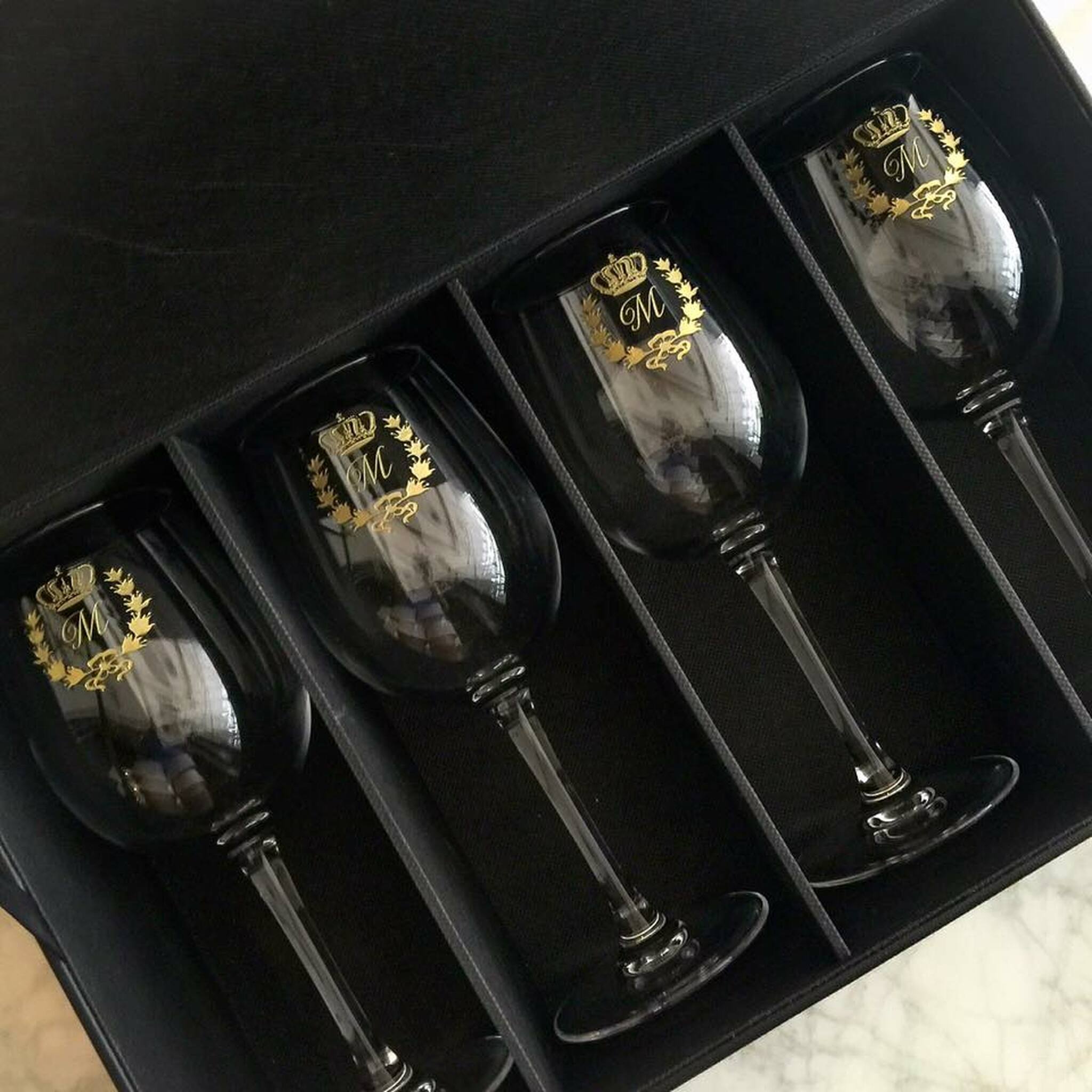 4pc White Wine Glasses 12oz with Black Leather Flip Top Lid Box