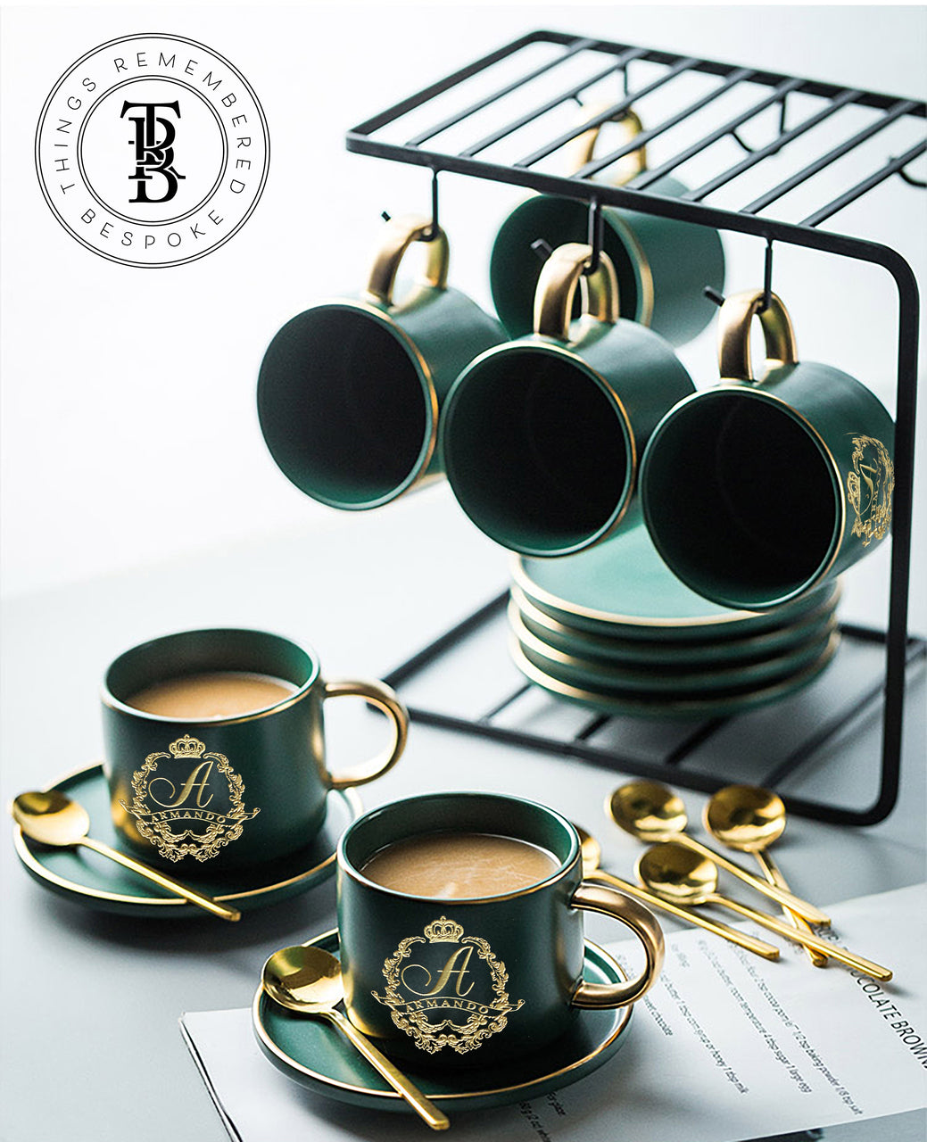 9 pc Matte Porcelain Cup and Saucer Set with Rack