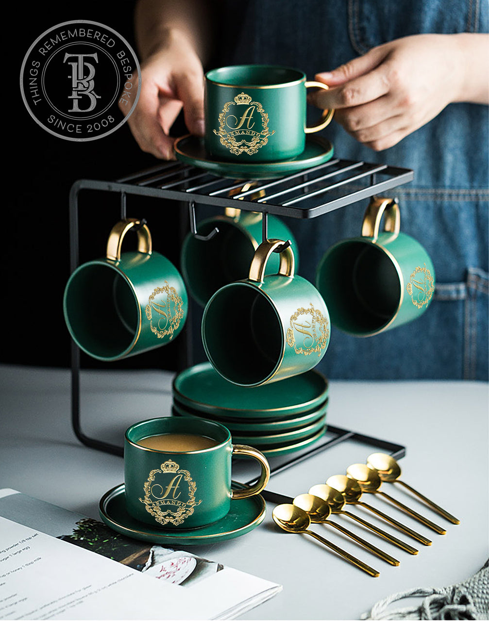 9 pc Matte Porcelain Cup and Saucer Set with Rack