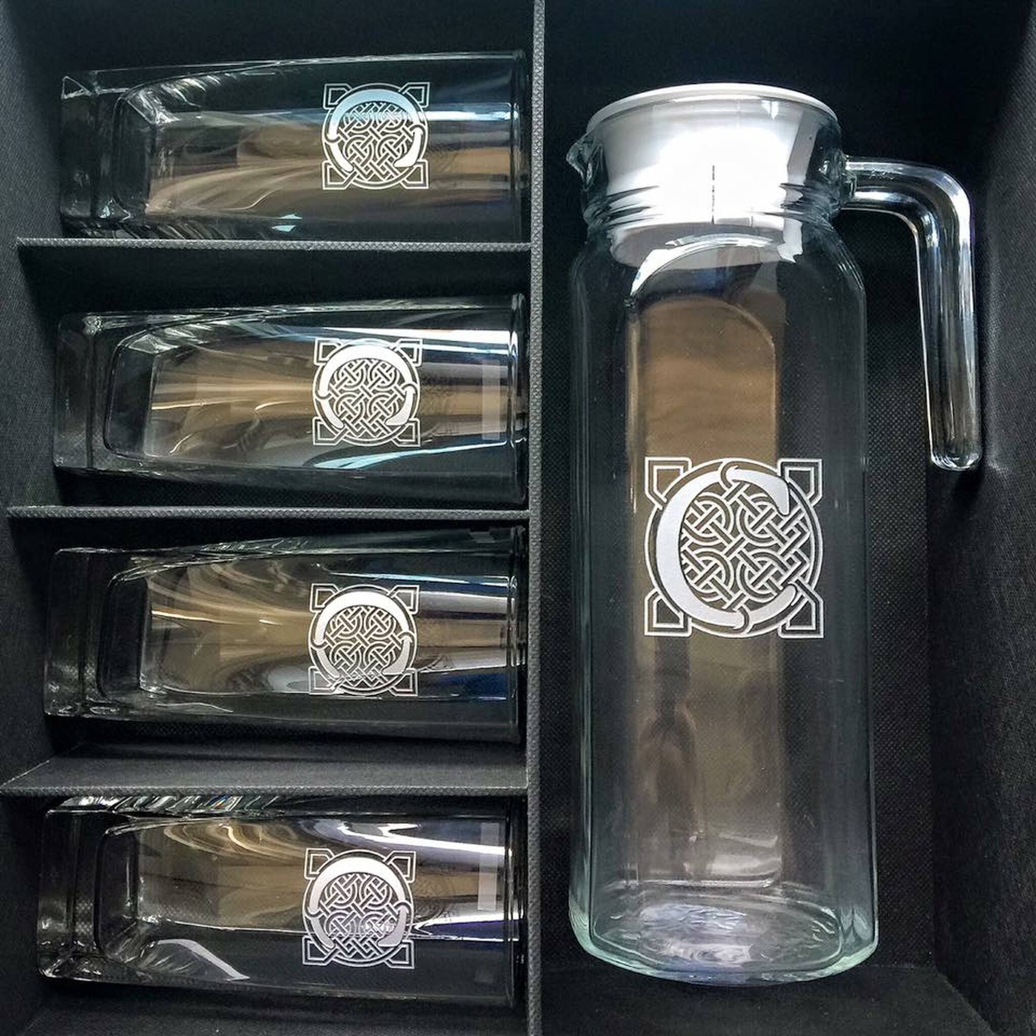 5pc Pitcher and Glass Set with Black Leather Flip Top Lid Box