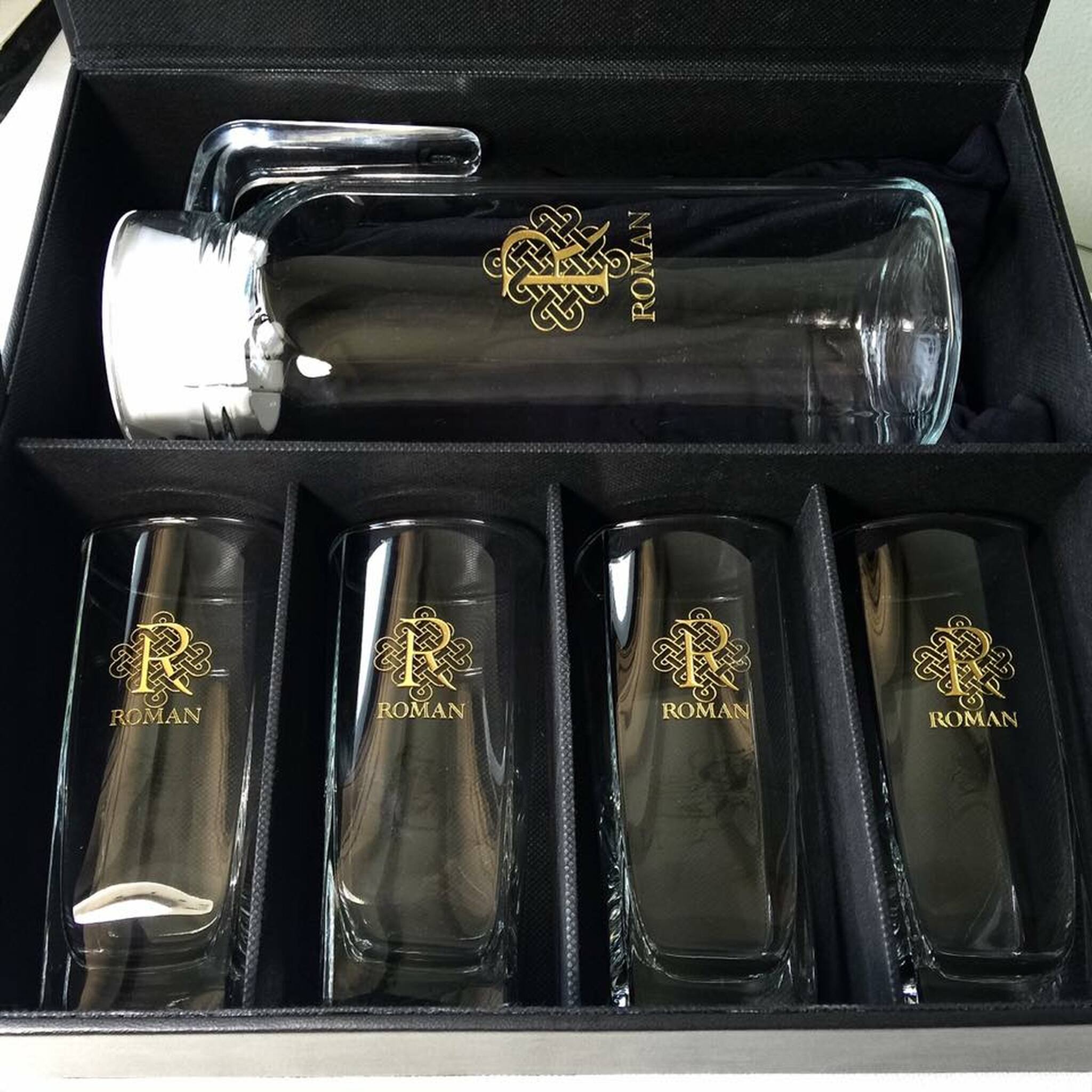 5pc Pitcher and Glass Set with Black Leather Flip Top Lid Box