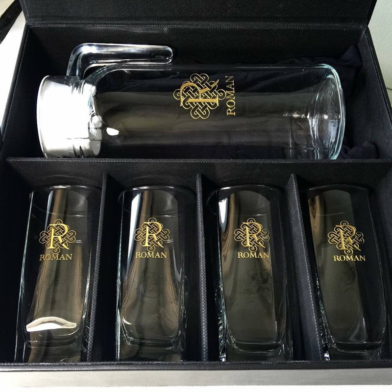 5pc Pitcher and Glass Set with Black Leather Flip Top Lid Box