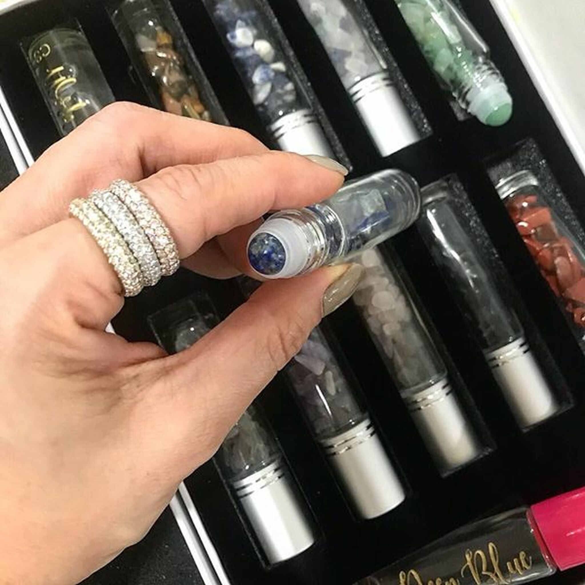 Etched 10mL Roller Bottlers with Gemstone Fitments and Tumbled Gemstone Chips