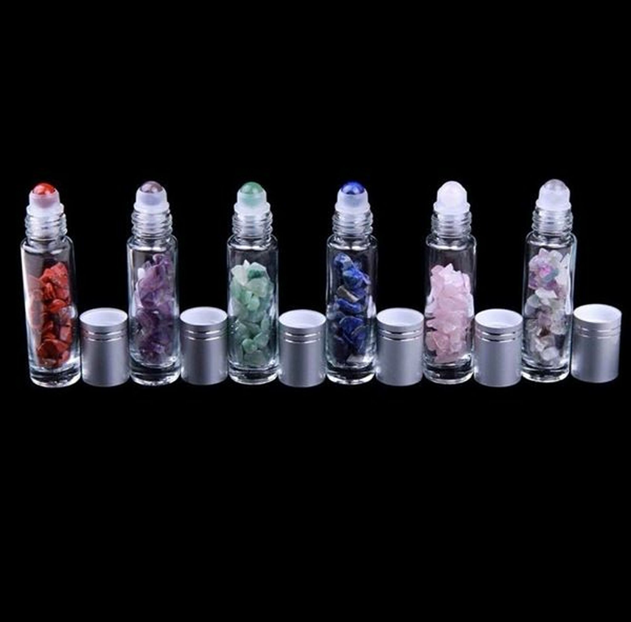 Etched 10mL Roller Bottlers with Gemstone Fitments and Tumbled Gemstone Chips