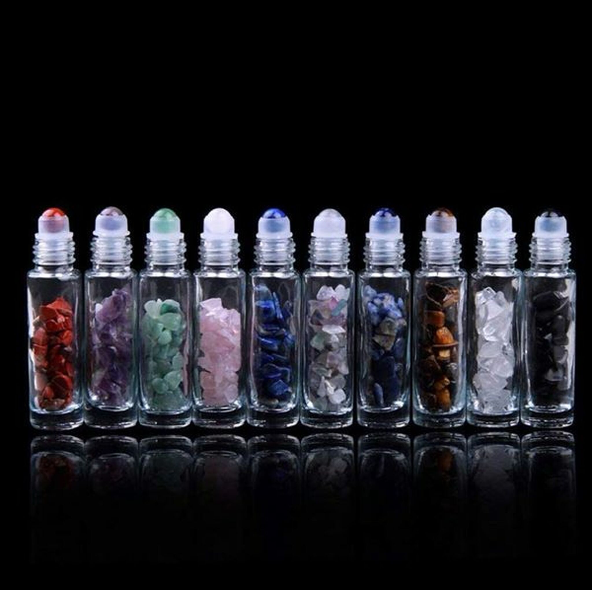 Etched 10mL Roller Bottlers with Gemstone Fitments and Tumbled Gemstone Chips