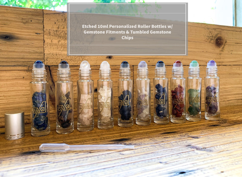 Etched 10mL Roller Bottlers with Gemstone Fitments and Tumbled Gemstone Chips