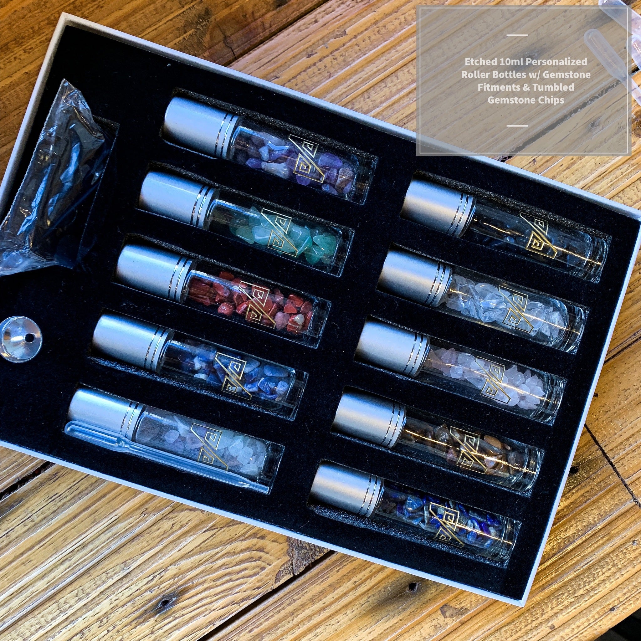 Etched 10mL Roller Bottlers with Gemstone Fitments and Tumbled Gemstone Chips