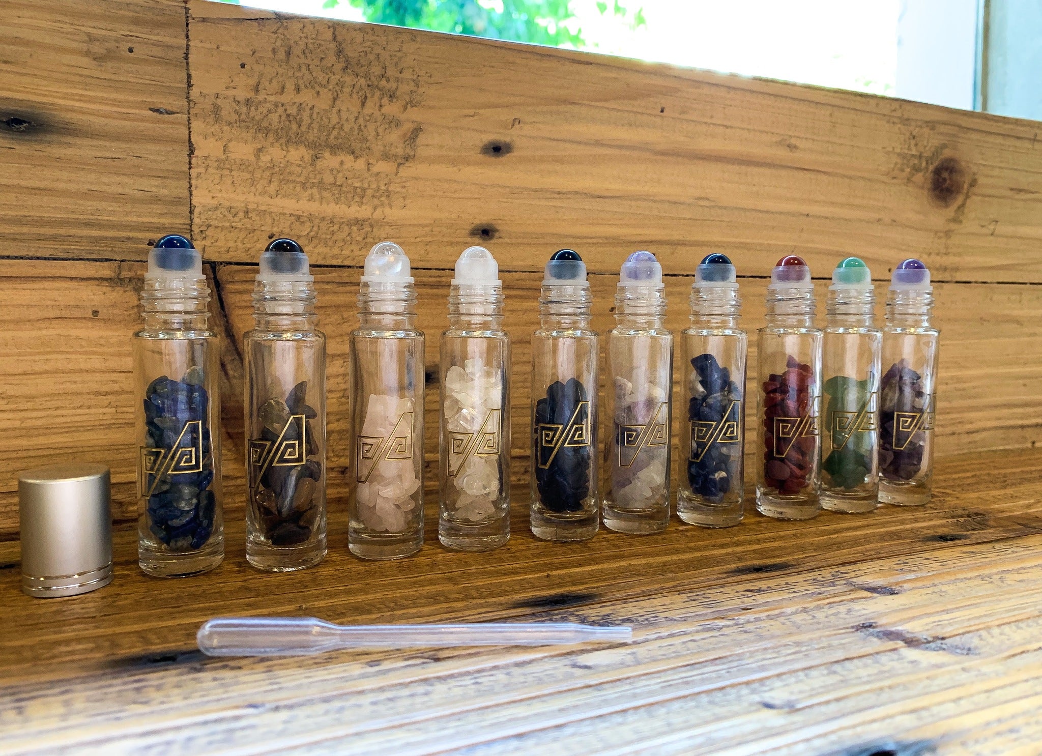 Etched 10mL Roller Bottlers with Gemstone Fitments and Tumbled Gemstone Chips