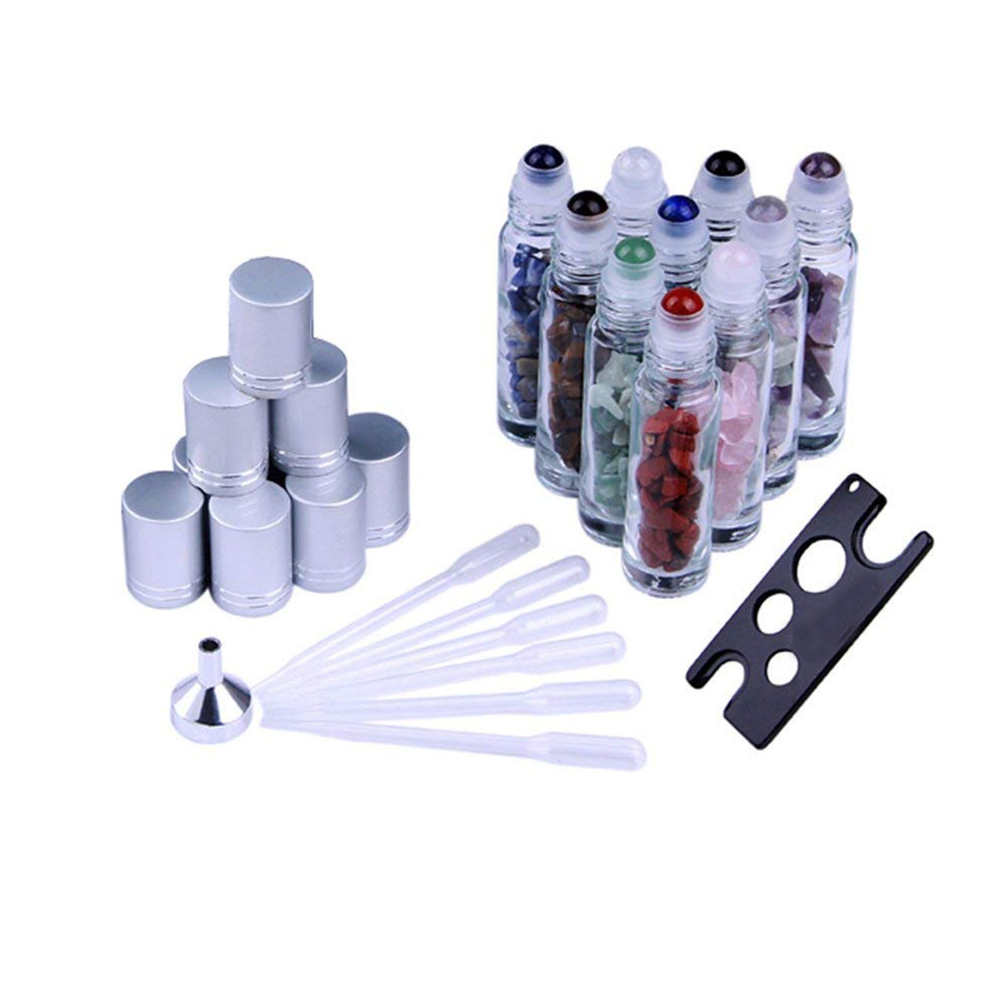 Etched 10mL Roller Bottlers with Gemstone Fitments and Tumbled Gemstone Chips