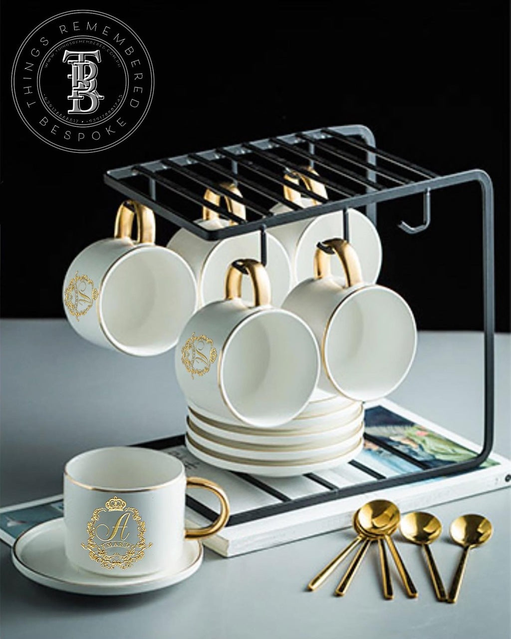 9 pc Matte Porcelain Cup and Saucer Set with Rack