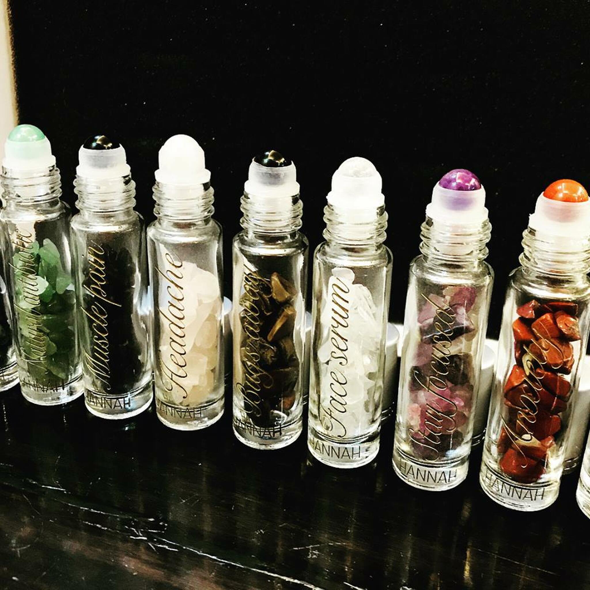 Etched 10mL Roller Bottlers with Gemstone Fitments and Tumbled Gemstone Chips