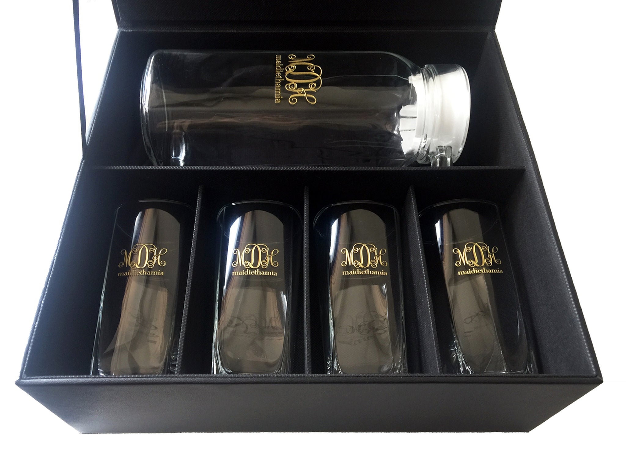 5pc Pitcher and Glass Set with Black Leather Flip Top Lid Box