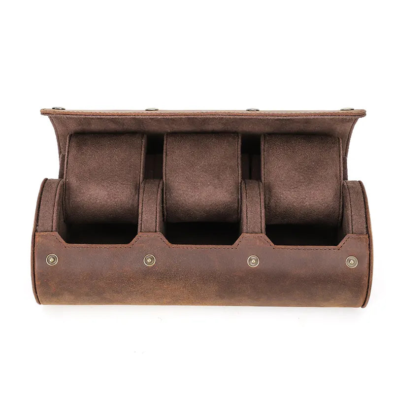 Genuine Leather 3-Slot Watch Roll