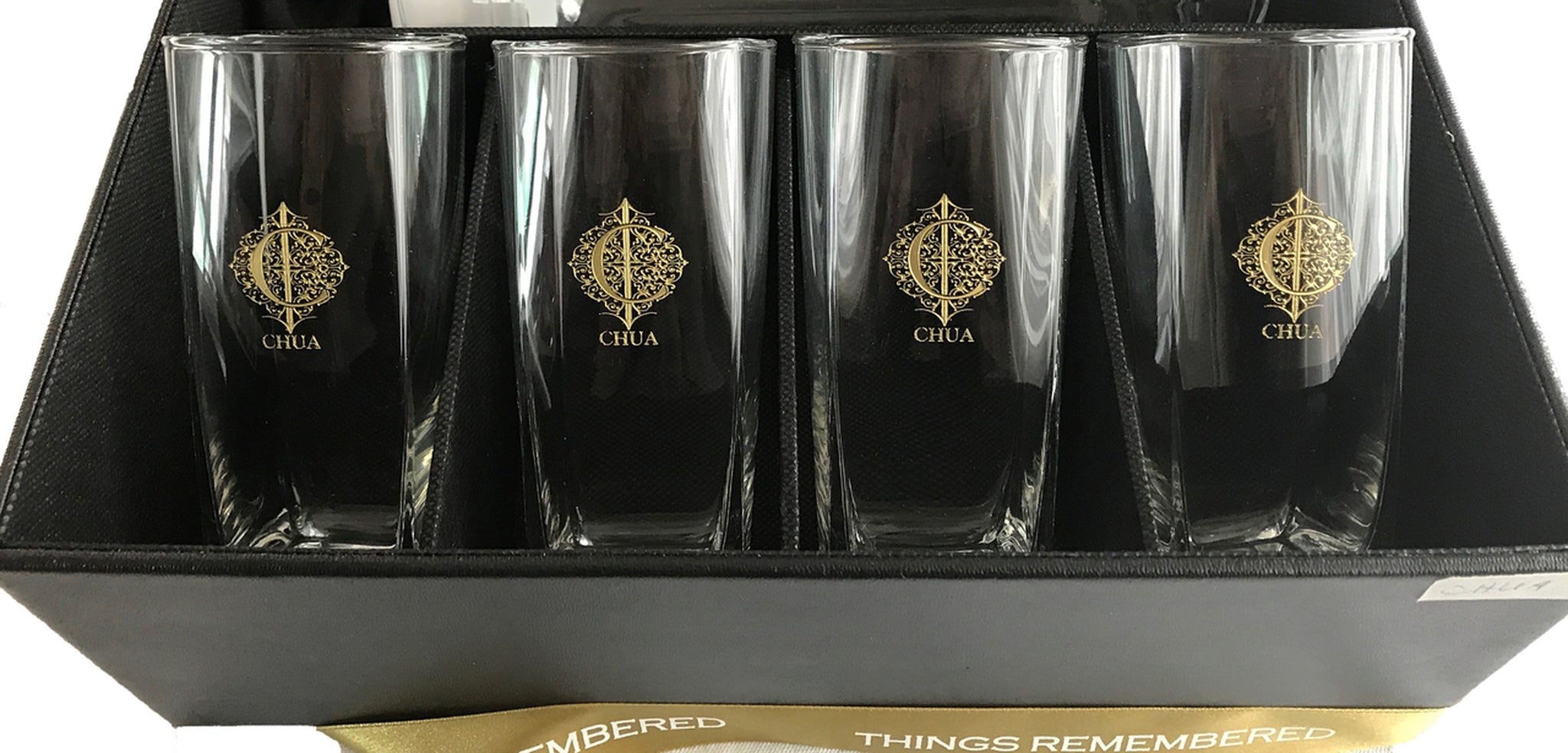 4pc Etched Highball Glasses with Leather Box