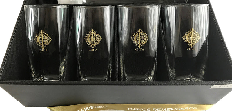 4pc Etched Highball Glasses with Leather Box