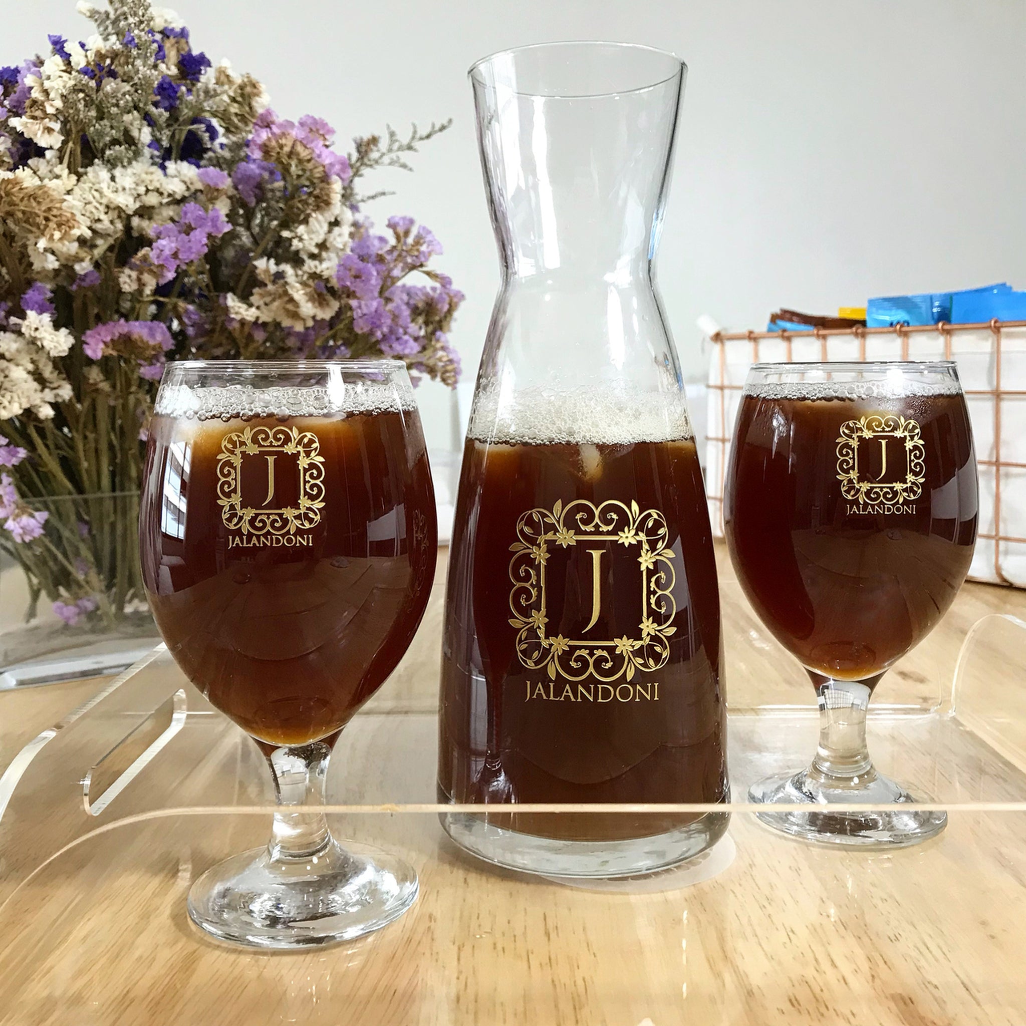 3pc Engraved Carafe and Goblet Set