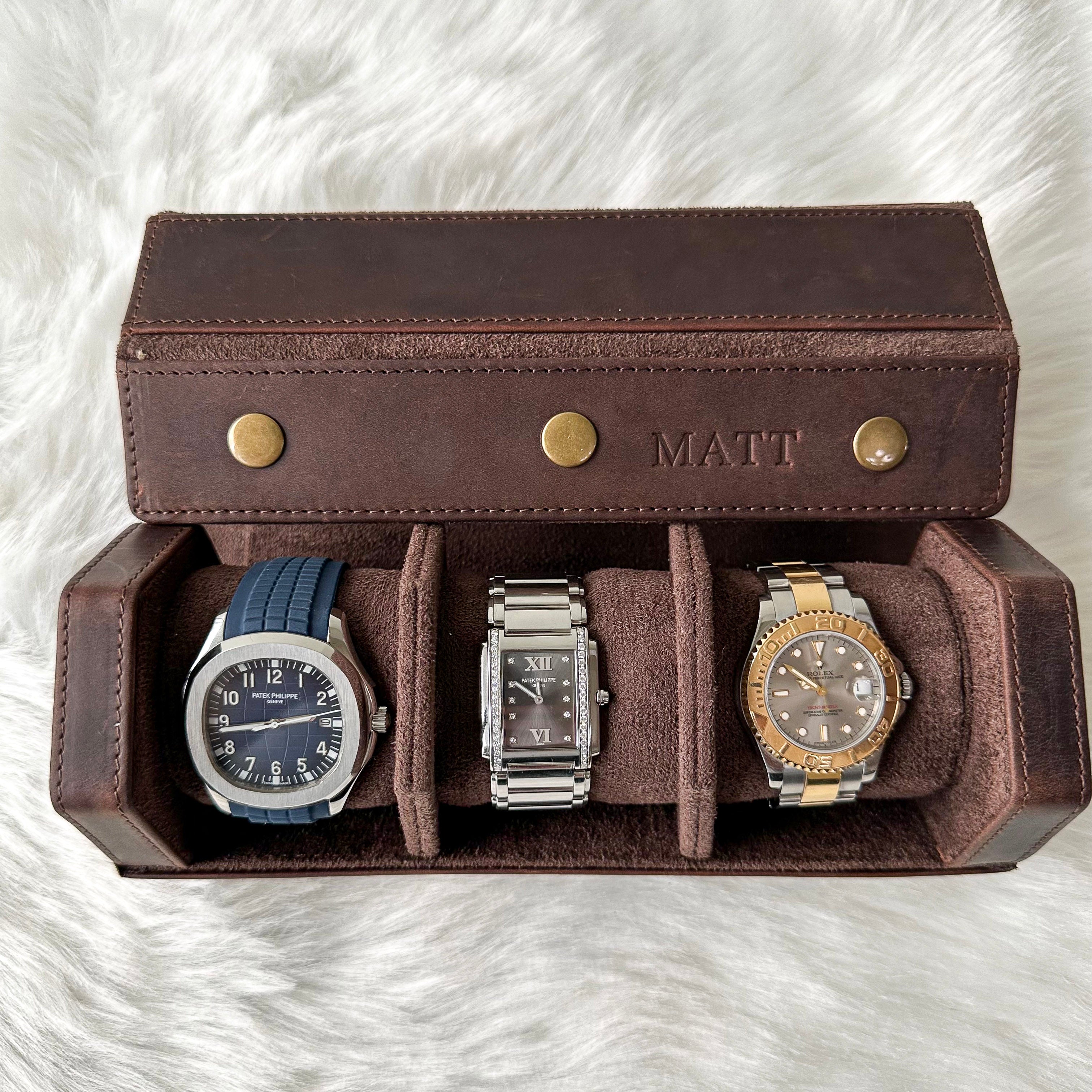 Genuine Leather 3-Slot Watch Roll