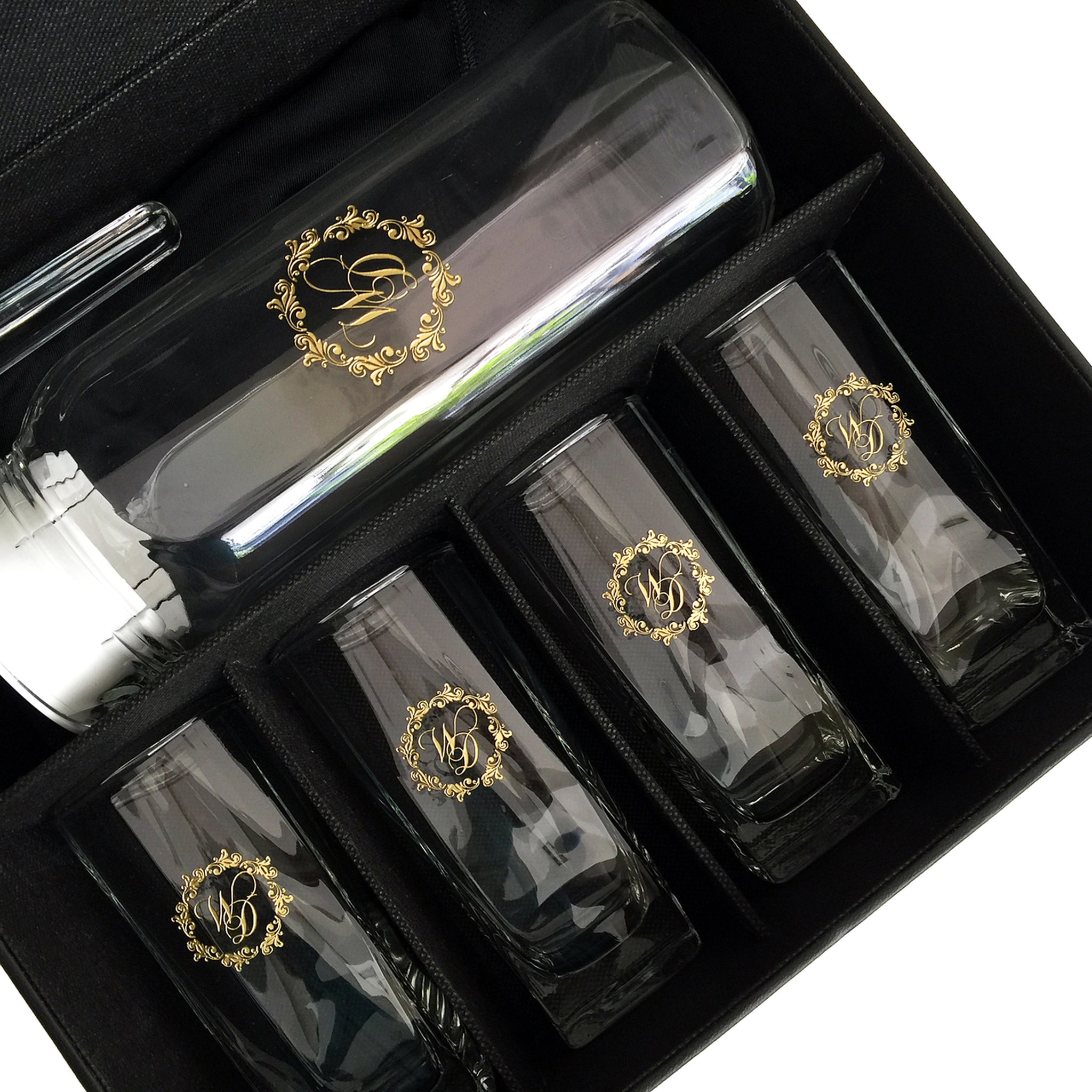 5pc Pitcher and Glass Set with Black Leather Flip Top Lid Box