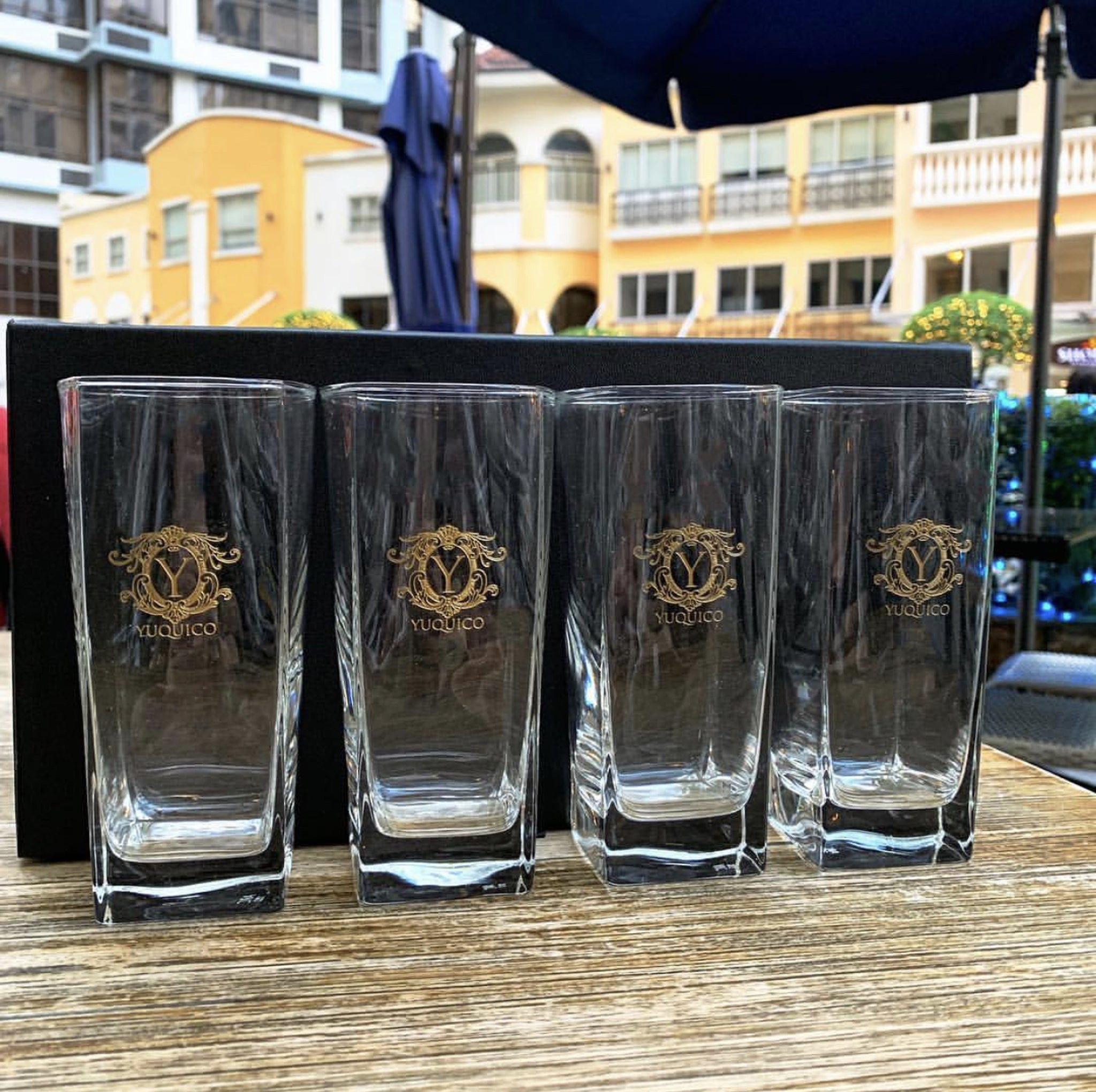 4pc Etched Highball Glasses with Leather Box