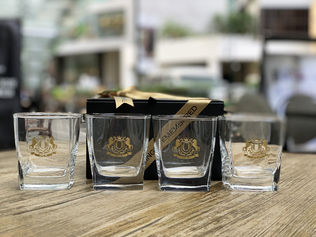 Set of Four Etched Scotch Glasses