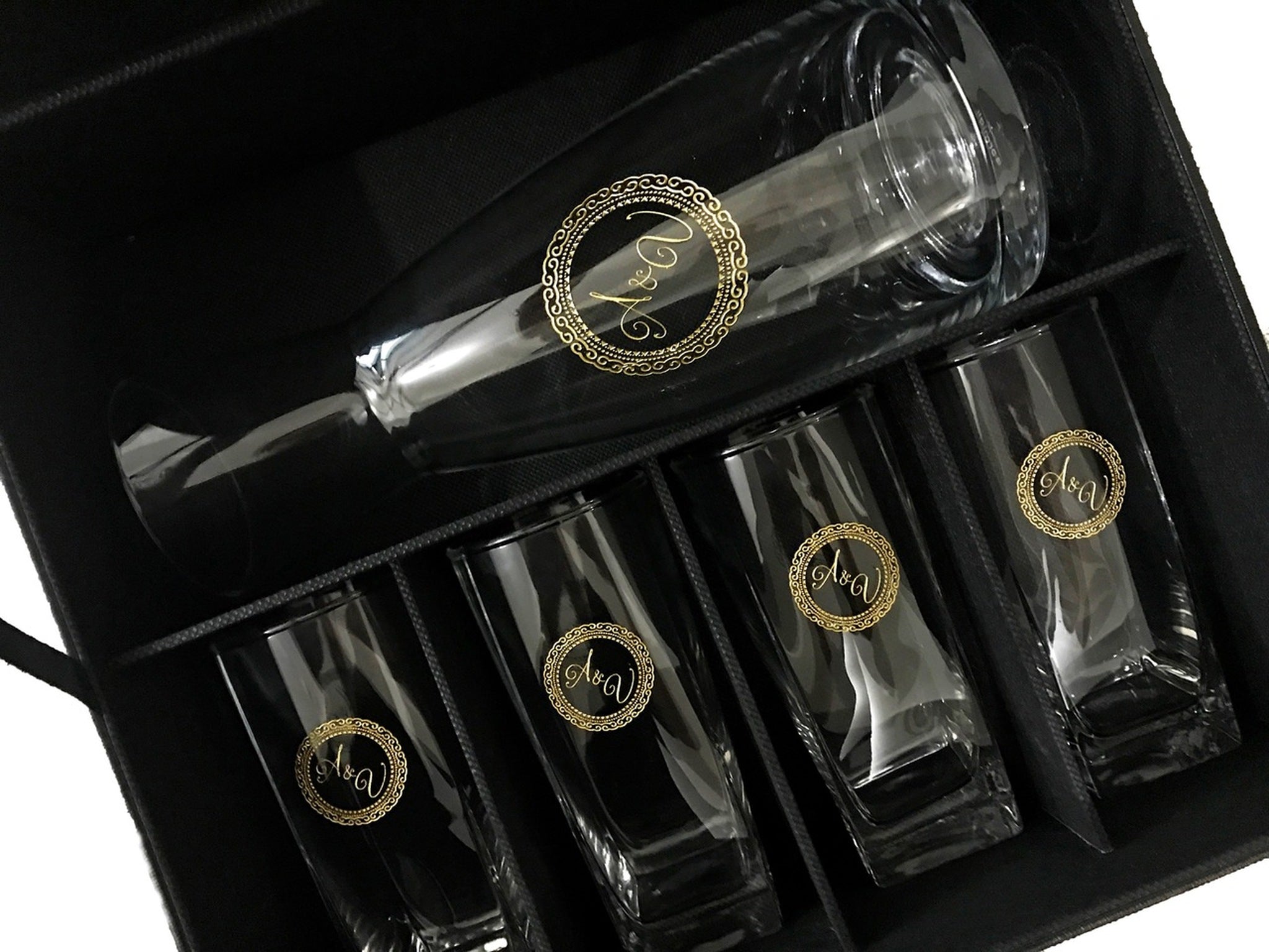 5pc Carafe and Glass set with Black Leather Flip Top Lid Box