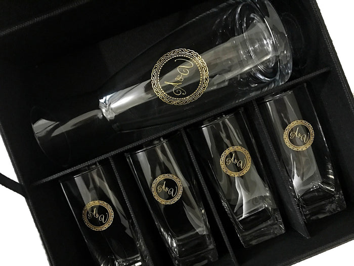 5pc Carafe and Glass set with Black Leather Flip Top Lid Box