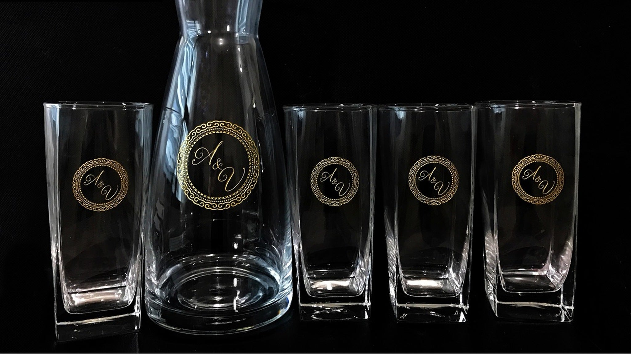 5pc Carafe and Glass set with Black Leather Flip Top Lid Box