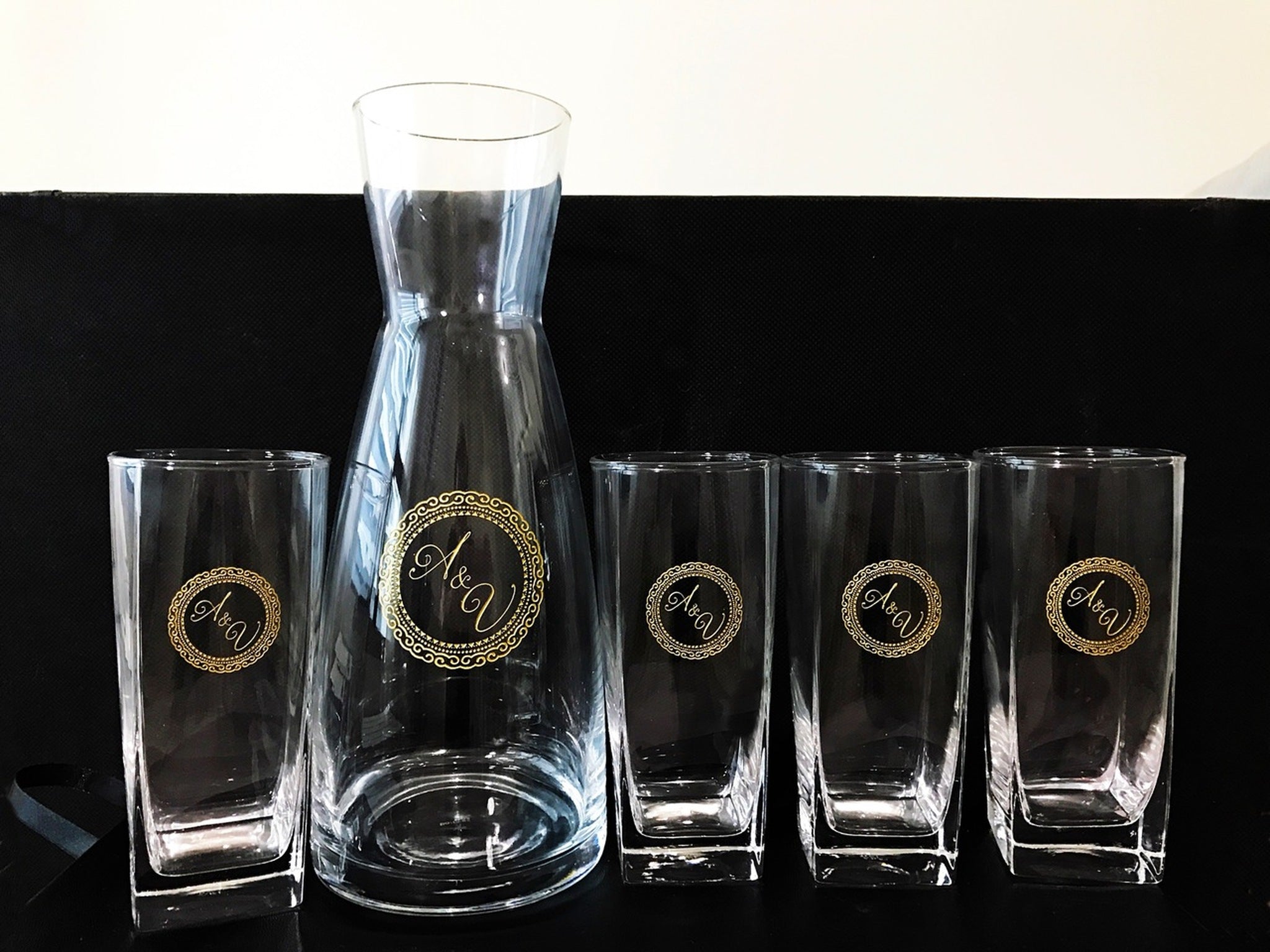 5pc Carafe and Glass set with Black Leather Flip Top Lid Box