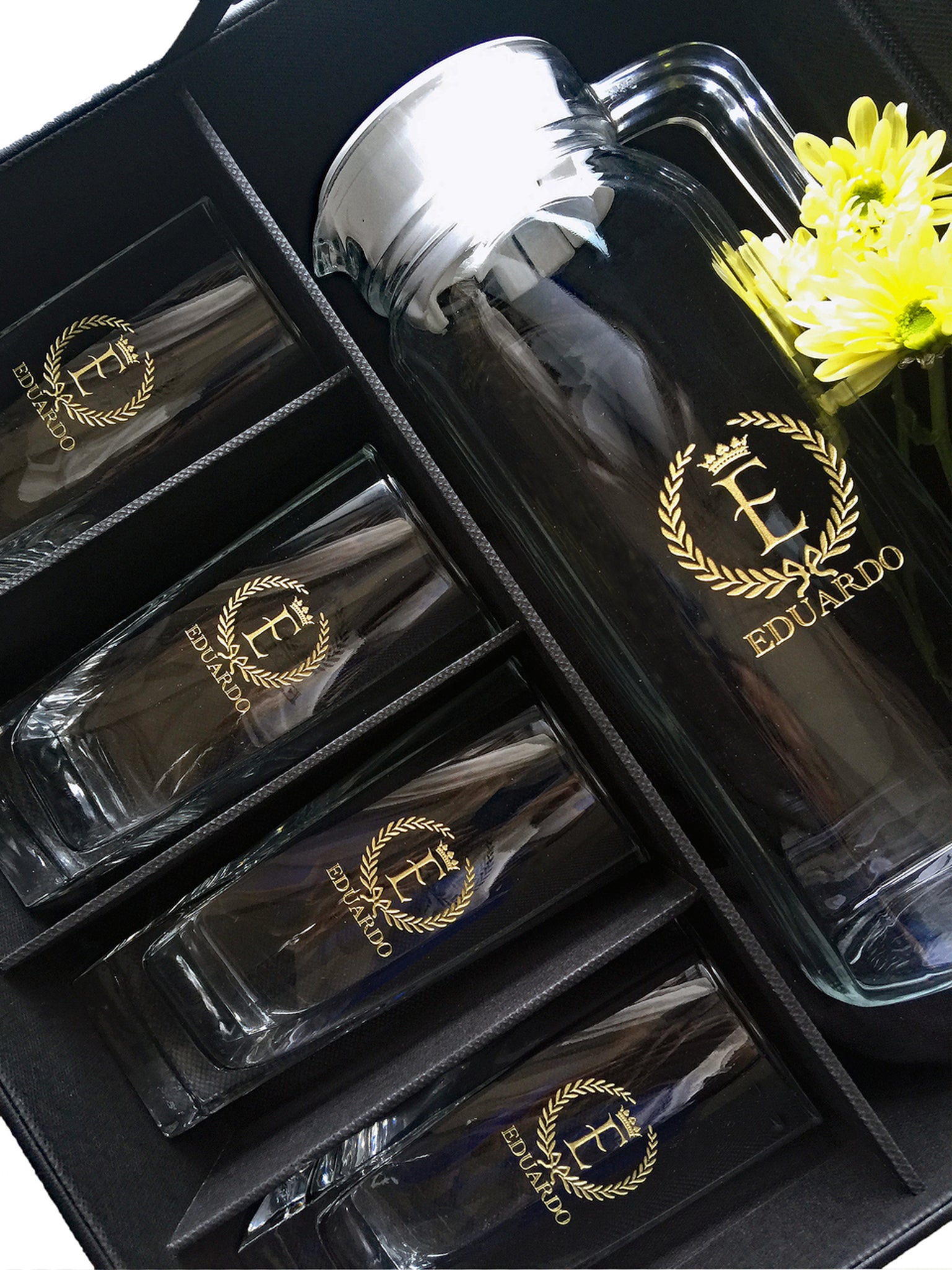 5pc Pitcher and Glass Set with Black Leather Flip Top Lid Box