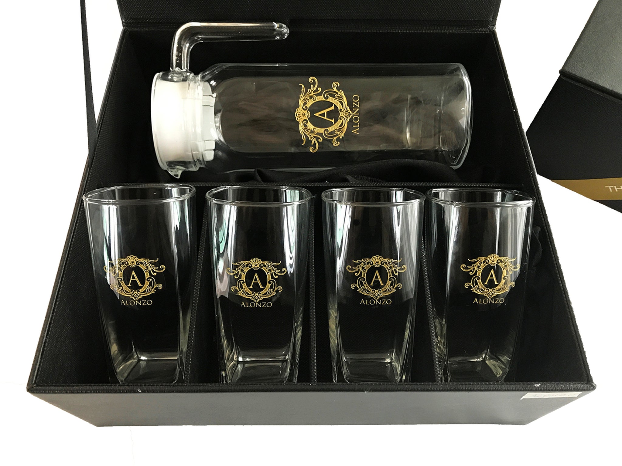 5pc Pitcher and Glass Set with Black Leather Flip Top Lid Box