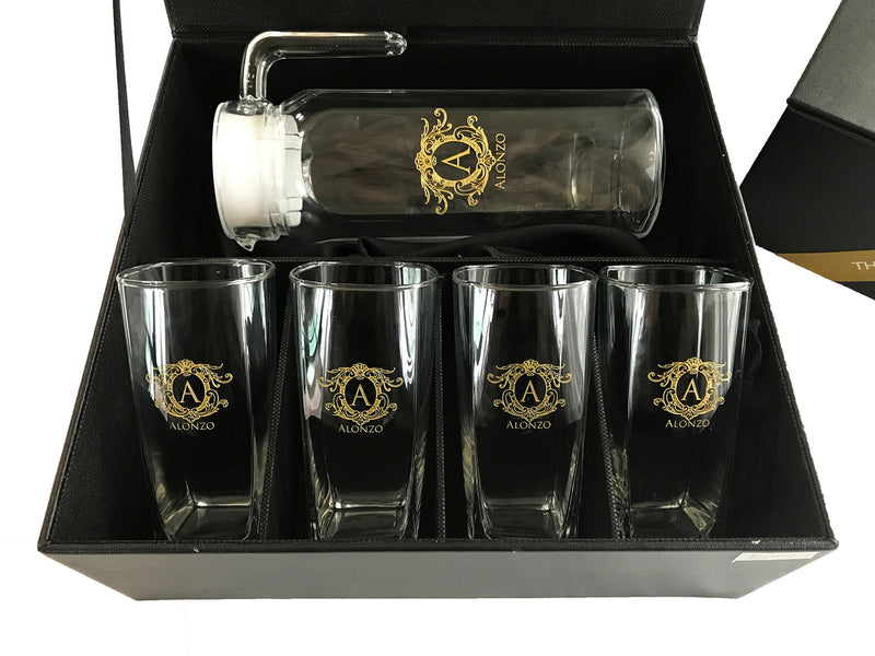 5pc Pitcher and Glass Set with Black Leather Flip Top Lid Box