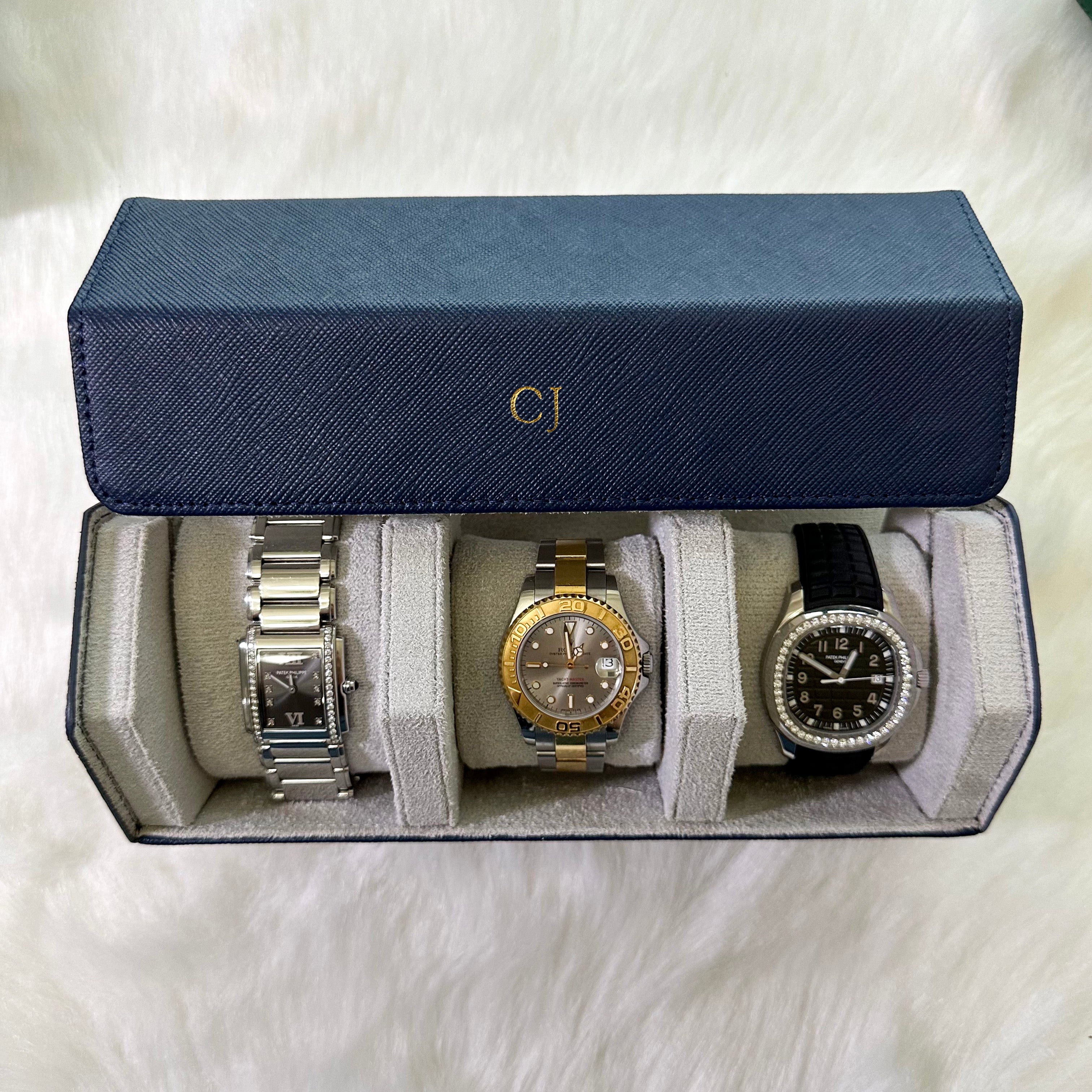 Genuine Leather 3-Slot Watch Roll