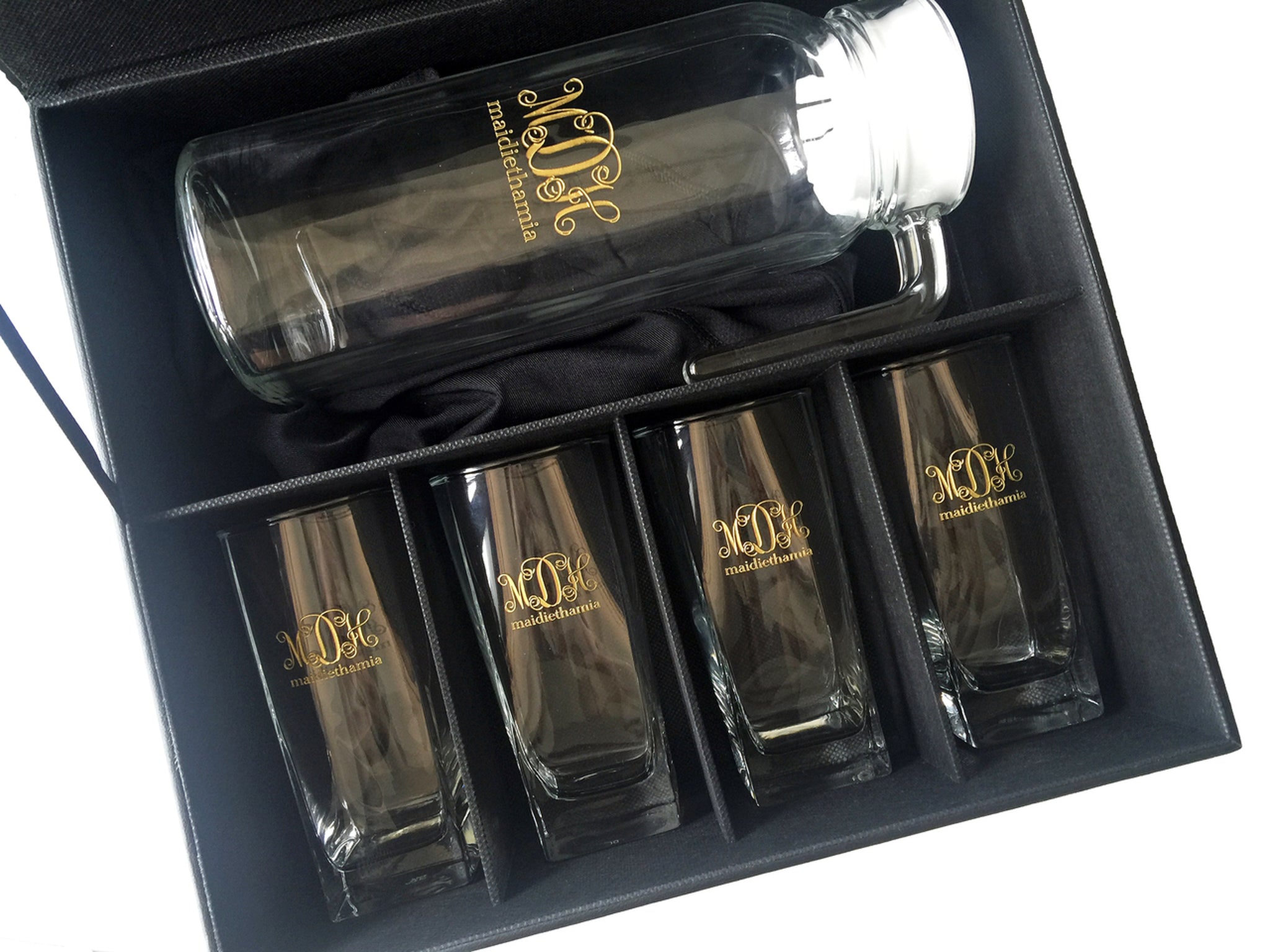 5pc Pitcher and Glass Set with Black Leather Flip Top Lid Box