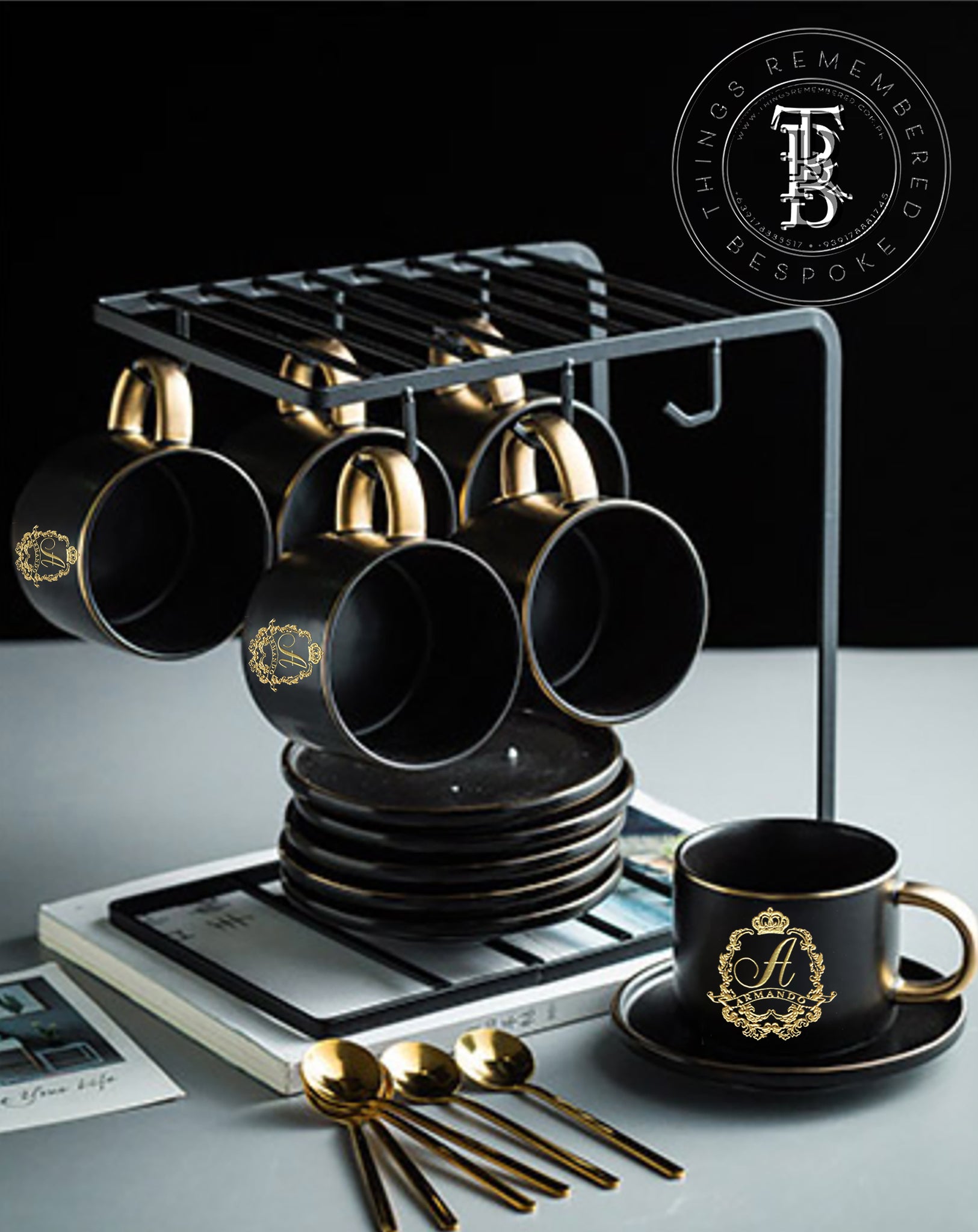 9 pc Matte Porcelain Cup and Saucer Set with Rack