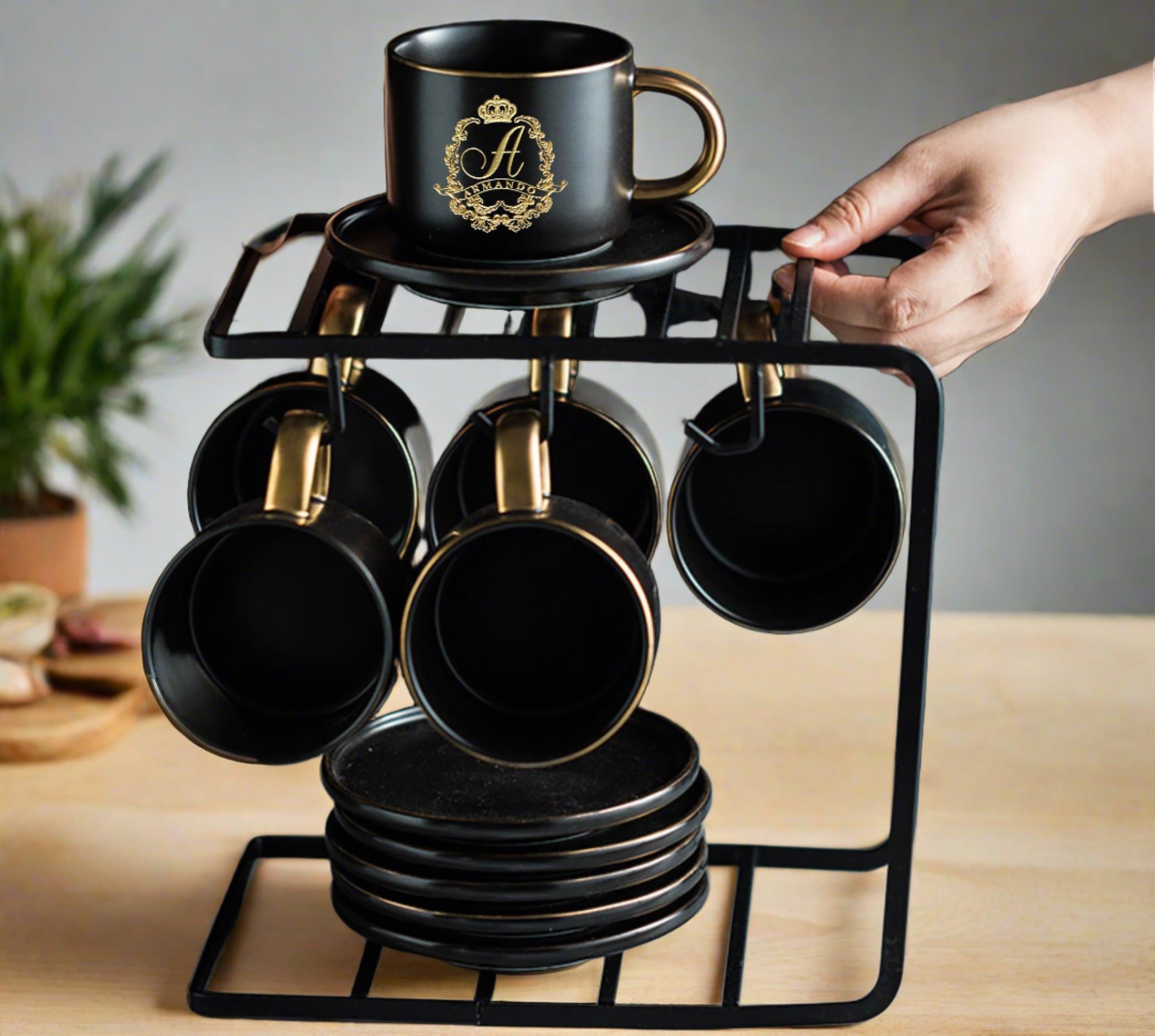 9 pc Matte Porcelain Cup and Saucer Set with Rack