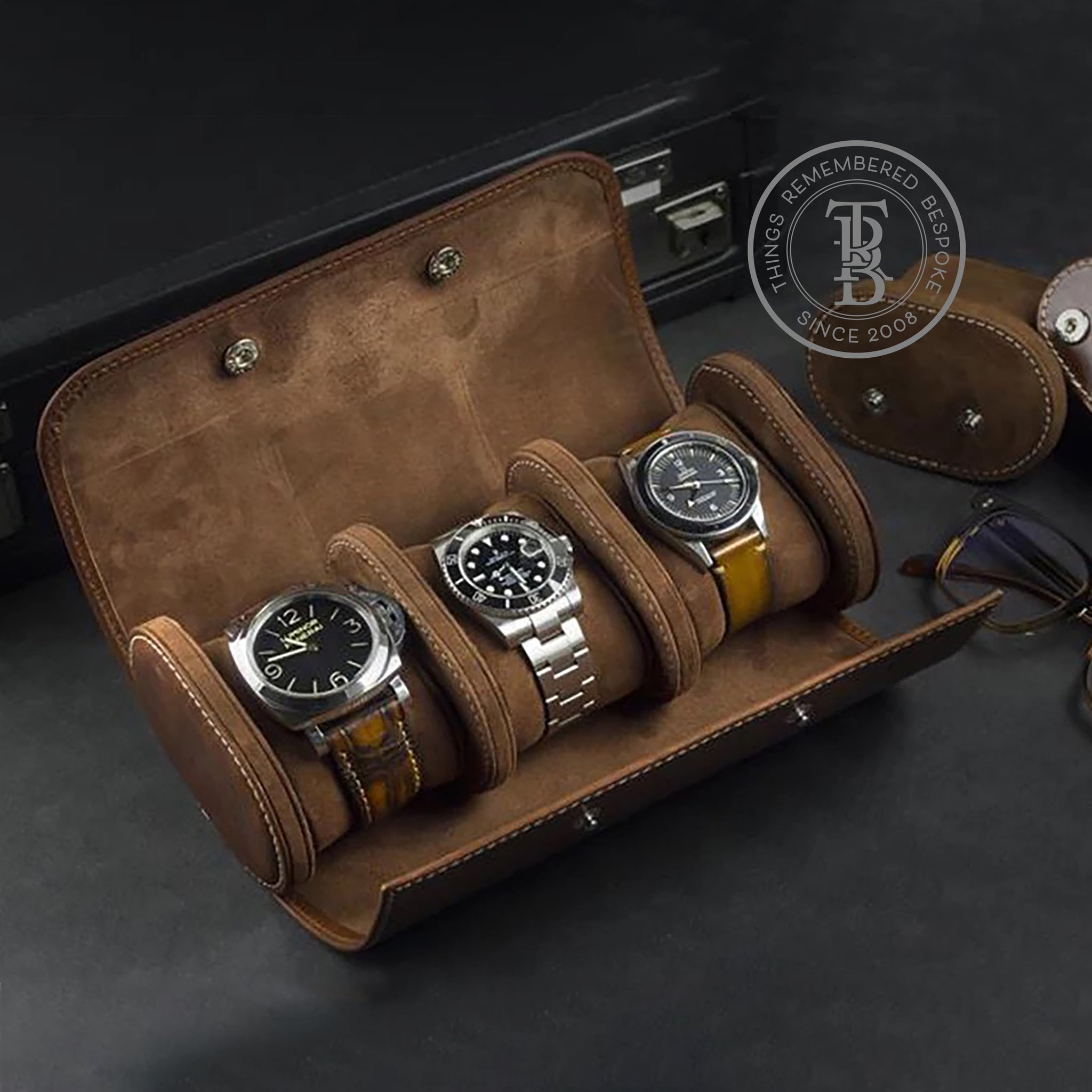 Genuine Leather 3-Slot Watch Roll
