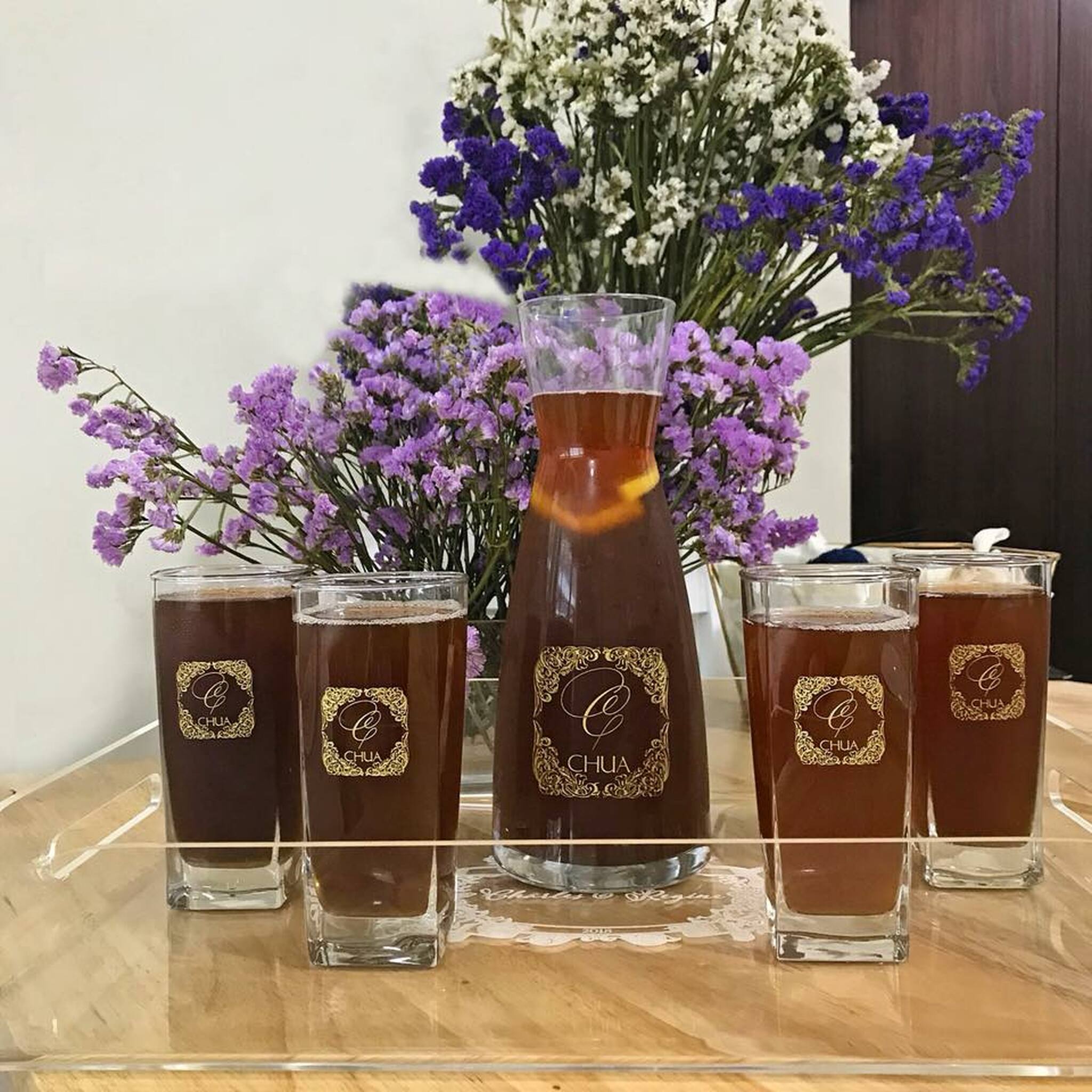 5pc Carafe and Glass set with Black Leather Flip Top Lid Box