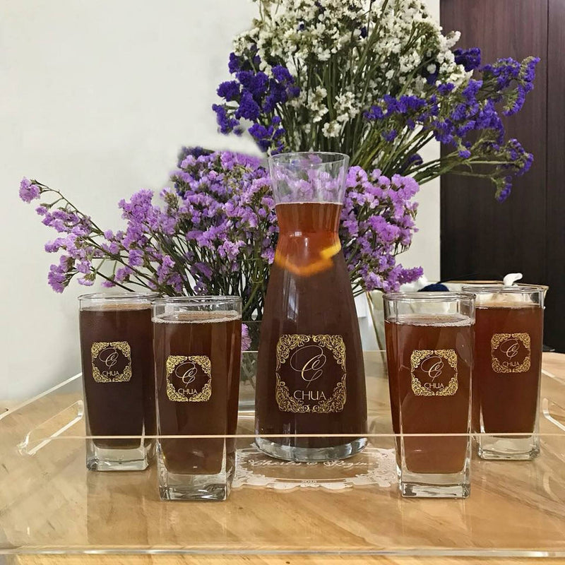 5pc Carafe and Glass set with Black Leather Flip Top Lid Box