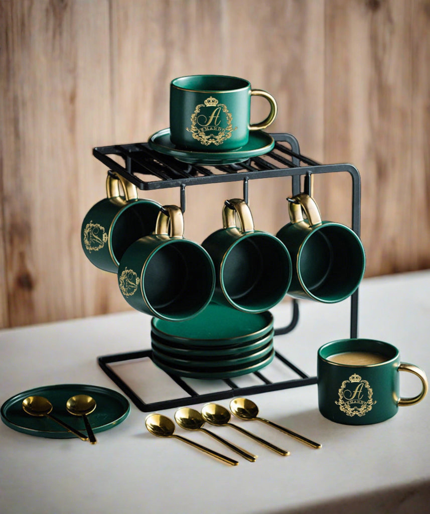 9 pc Matte Porcelain Cup and Saucer Set with Rack