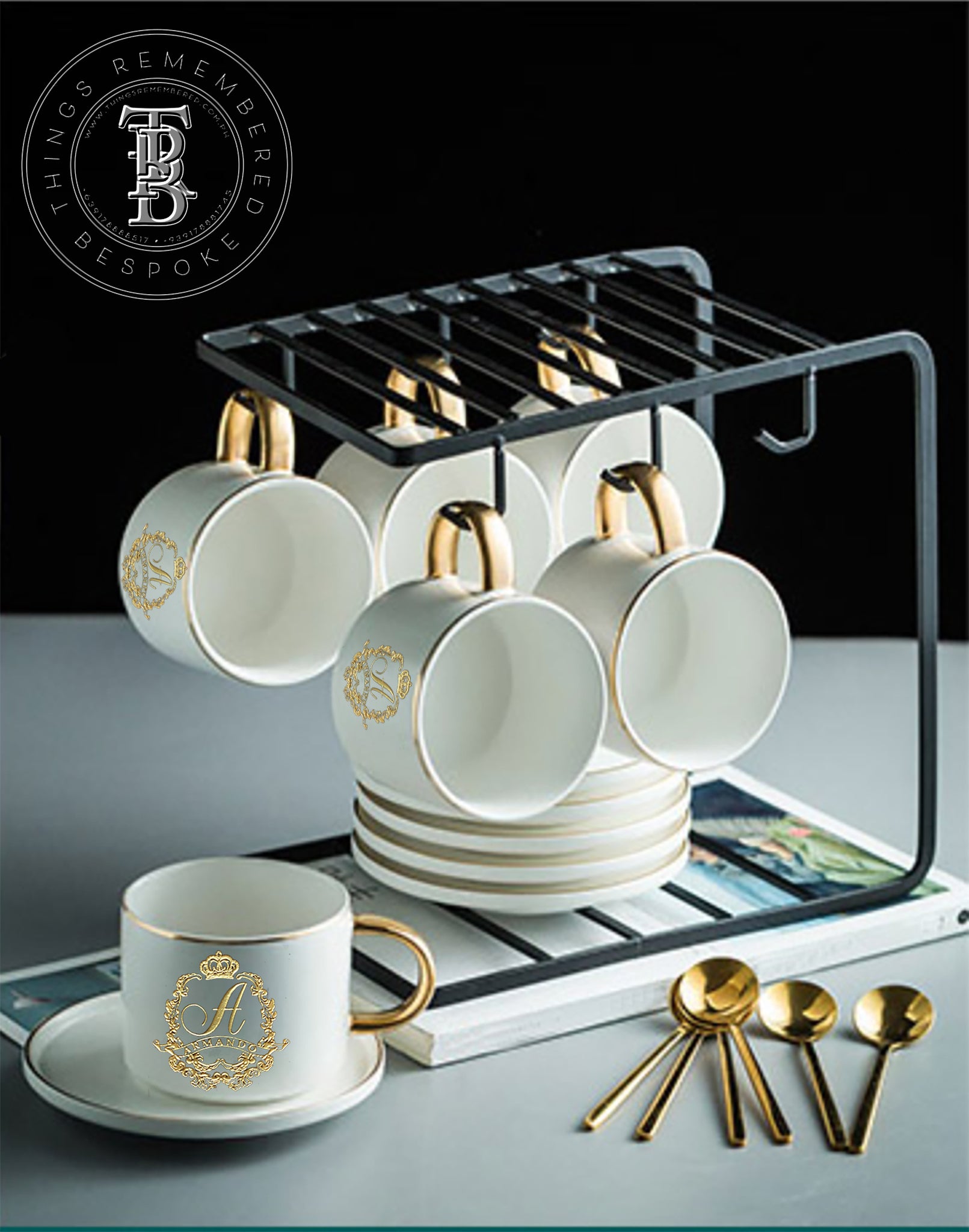 9 pc Matte Porcelain Cup and Saucer Set with Rack