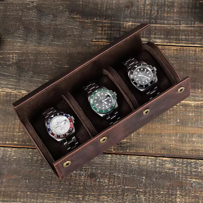 Genuine Leather 3-Slot Watch Roll
