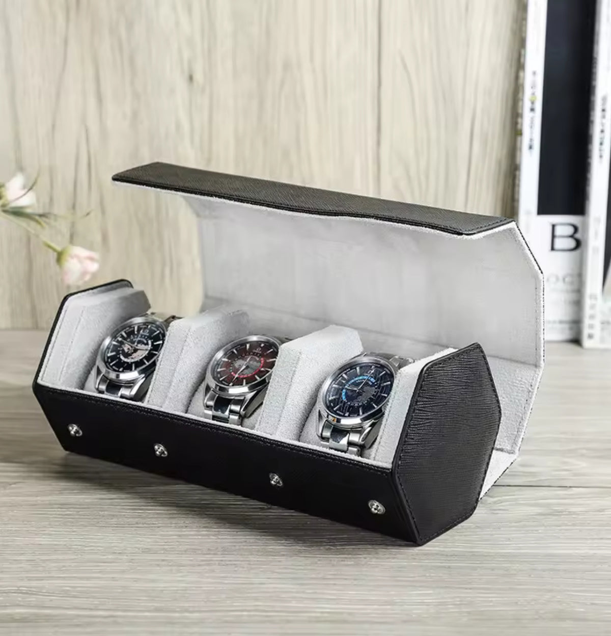 Genuine Leather 3-Slot Watch Roll