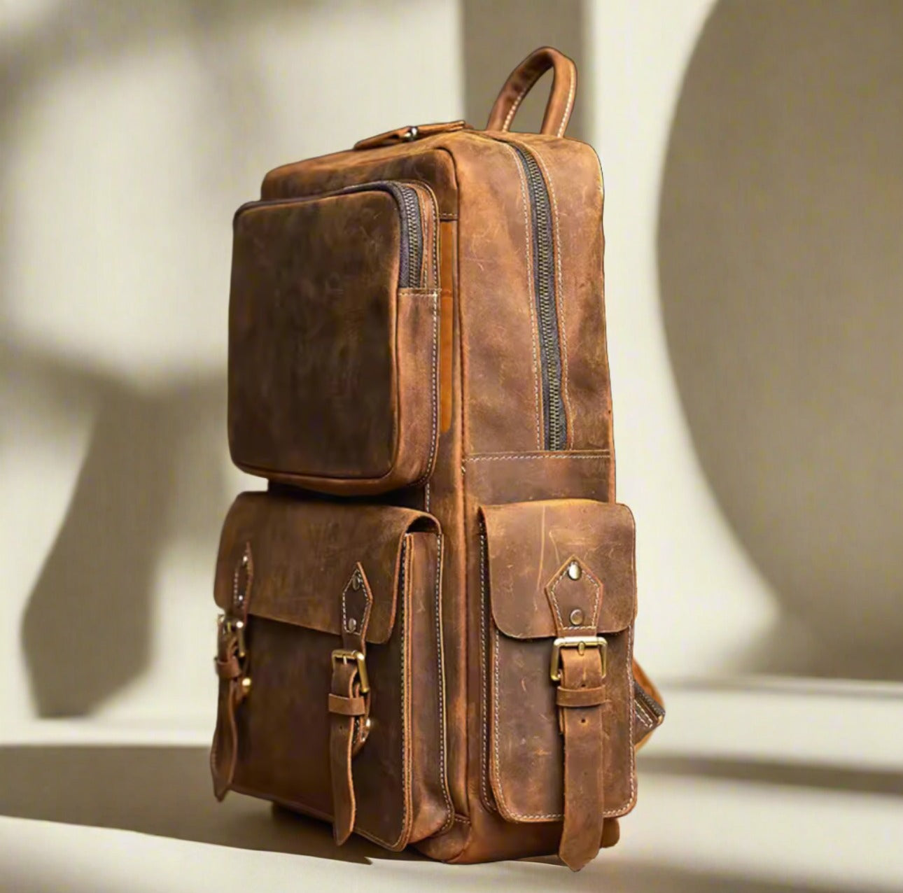 Multi Pocket Leather Backpack - Main Image