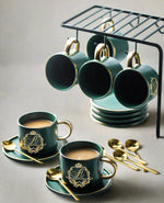 9 pc Matte Porcelain Cup and Saucer Set with Rack