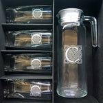 5pc Pitcher and Glass Set with Bllack Leather Flip Top Lid Box
