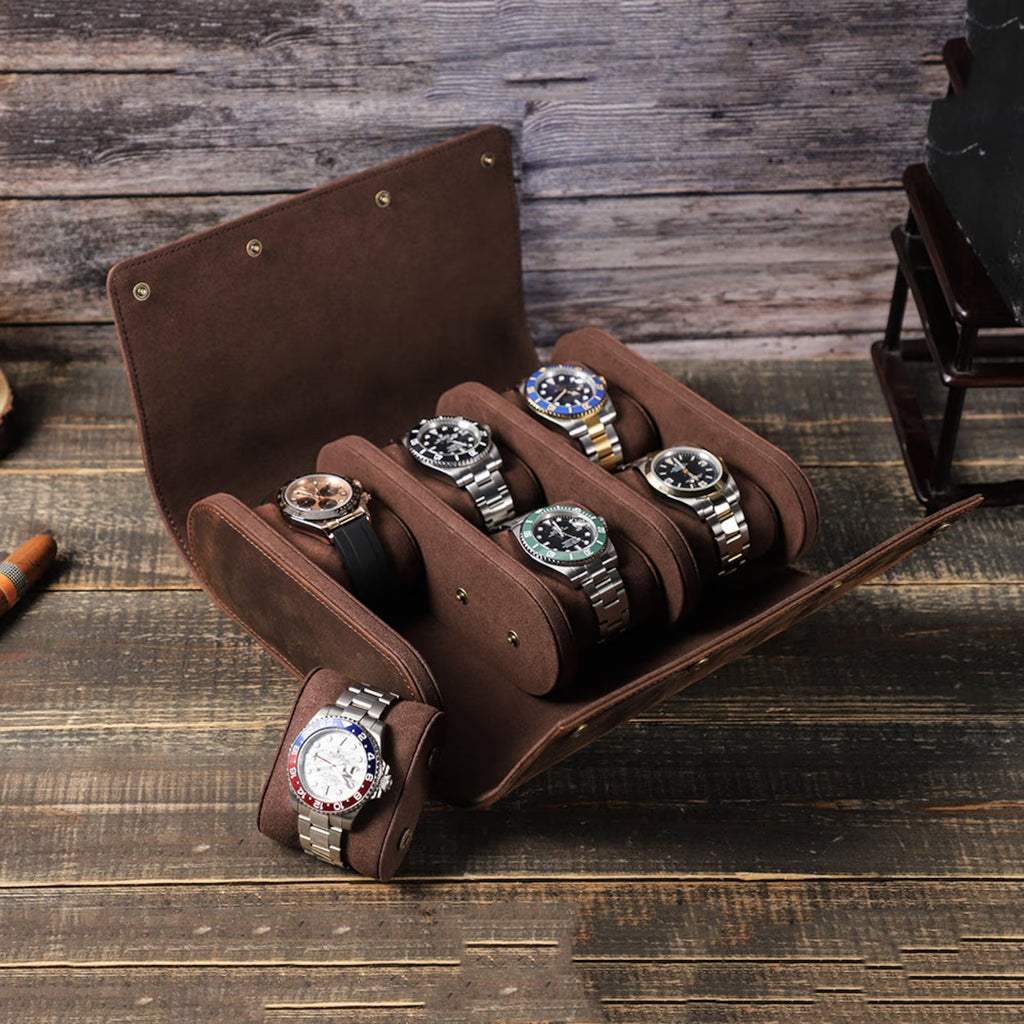 Genuine Leather Watch Roll 6 Slots